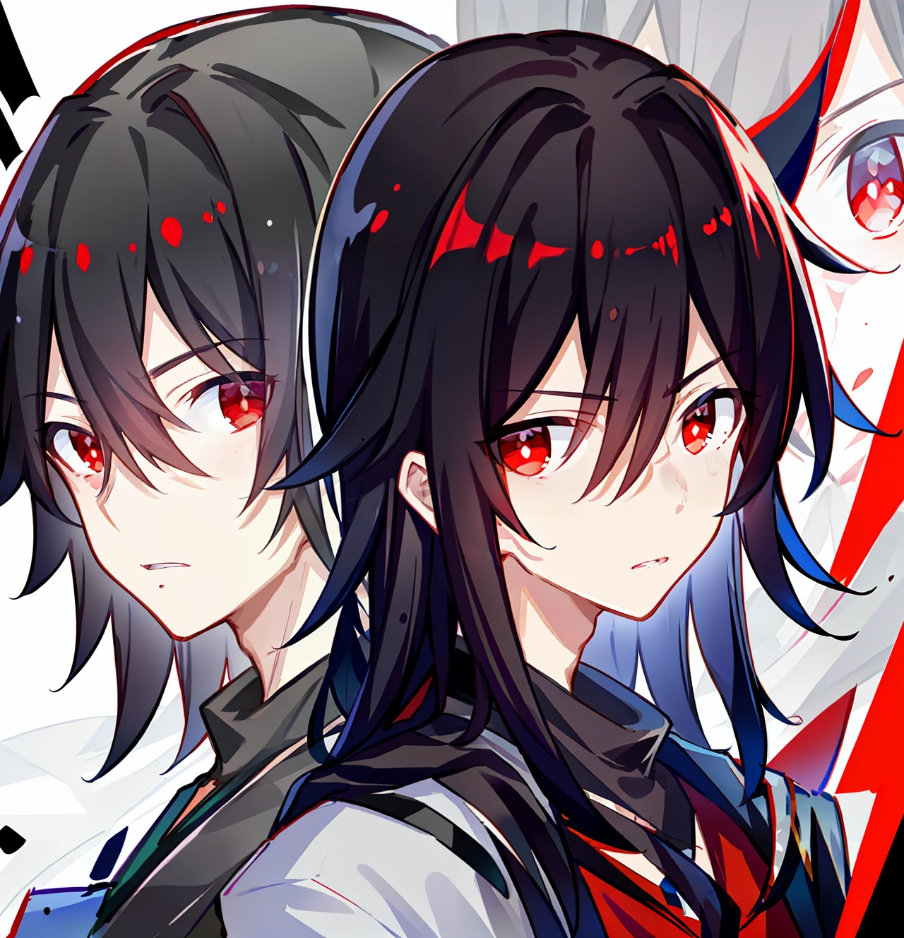 Mature adult males，Black hair and red eyes，The expression is serious，Indifferent eyes，The expression is cold