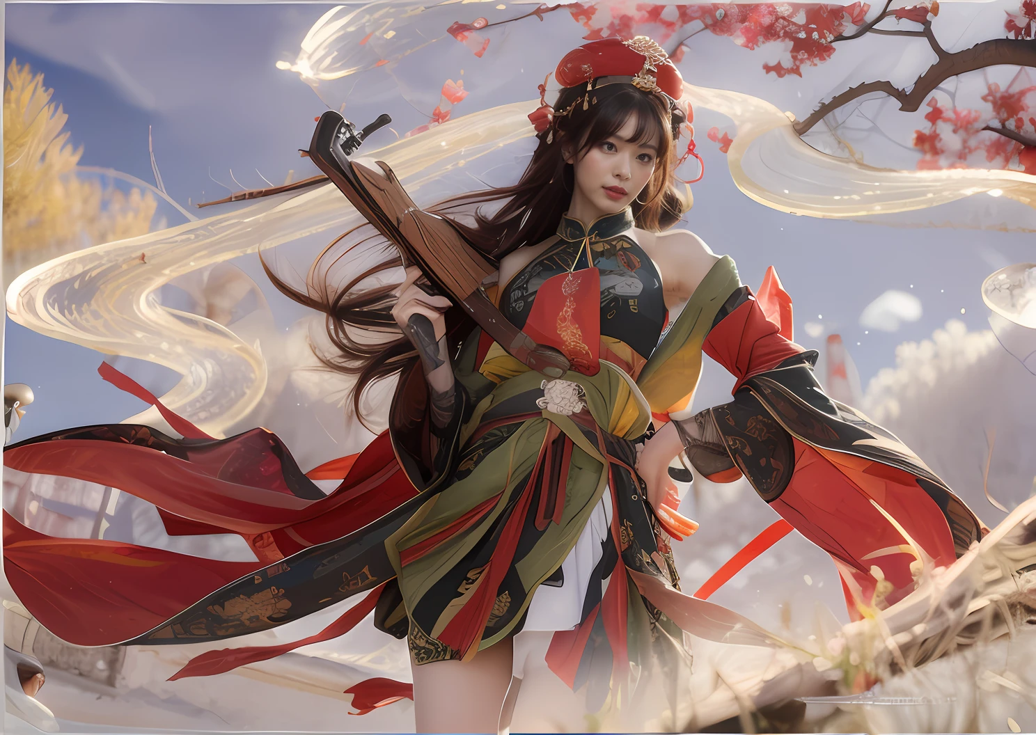 Female general of ancient China，domineering side leak，详细的脸，beauitful face，Beautiful and powerful，Long reddish-brown hair，A large red flower is worn on his head，Red crowned hat，Left hand crossed waist，Holding a crossbow in his right hand，Wear a red damask robe，Red ribbon，mostly cloudy sky，red tint，Background bokeh，high high quality，illustrious，hyper HD，highest  quality，RAW photos