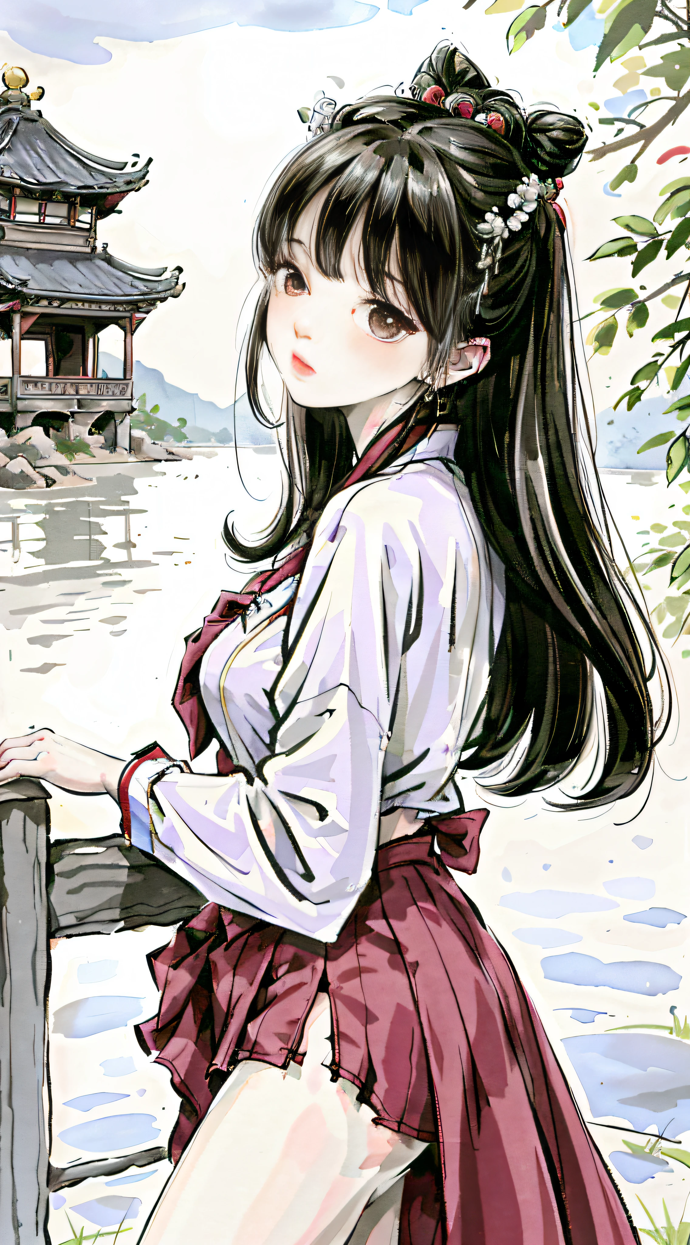 (masterpiece), best quality, good anatomy, shuimobysim, (1 girl: 1), (upper body), (smile), short hair: 1.2, (hanfu), long coat, (ecchi0.5), (bridge: 1.2), (flowers: 0.6), moon, lantern in ancient China, delicate face, see-through, pink clothes, full body, close-up, back hand, robe, thigh, high up, cloudy, chinadre, overexposed, [wet suit: 1.2], mid-breast, solo, [doll], bare thighs, credibly_absurdres, strong angles, pleated skirt, chinoiserie architecture, single bun, white hair, red eyes, squinted eyes, indifferent attitude, eye shadow, eyeliner, eyes visible through hair, no shoes, ribbon sleeves, earrings, necklaces, tiara, mid-chest, sunlight, reflected light, ray tracing, , phoenix crown vermilion robe, blush