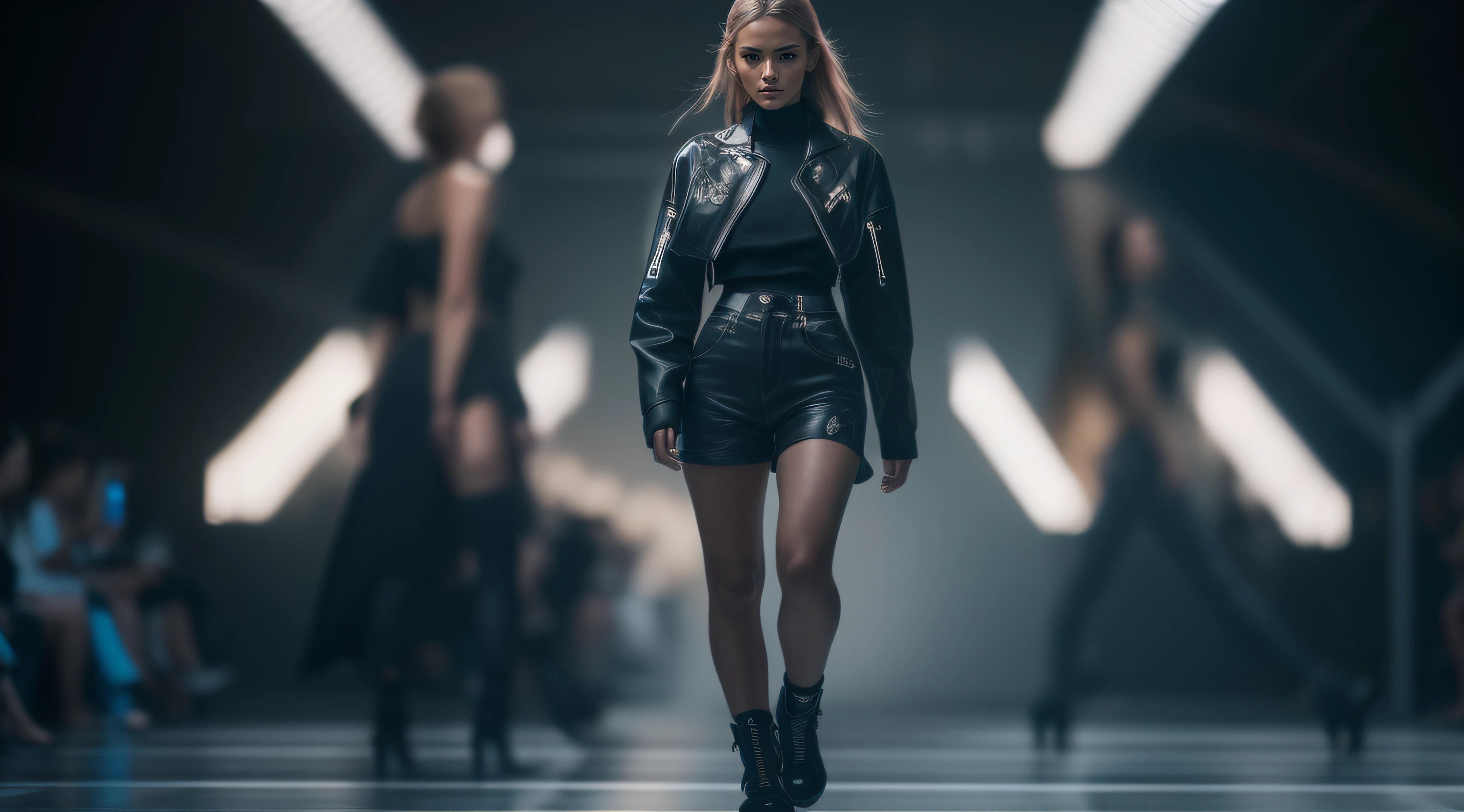 RAW photo, a fashion model, walk on runway, cyberpunk style, (photo-realistic:1.5), (RAW photo, 8k uhd, film grain), extremely delicate and beautiful, highres, sharp focus, extremely detailed, masterpiece, cinematic lighting, (high detailed skin:1.2), dslr, soft lighting, high quality, film grain, Fujifilm XT3