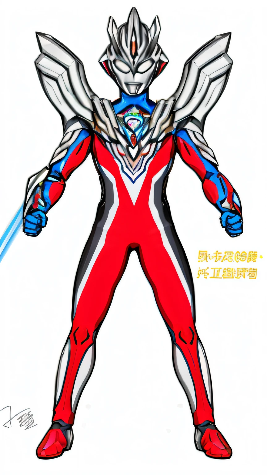 A painting of a man in a red and blue suit, Ultraman, full body concept, full body zenkai! asuka suit, ultra hyper-detailed, new costume concept design, cyber japan armor, cyber japan style armor, Tokusatsu, high fantasy kamen rider, tokusatsu suit vaporwave, Humanoid form, ultra mega super hyper detail