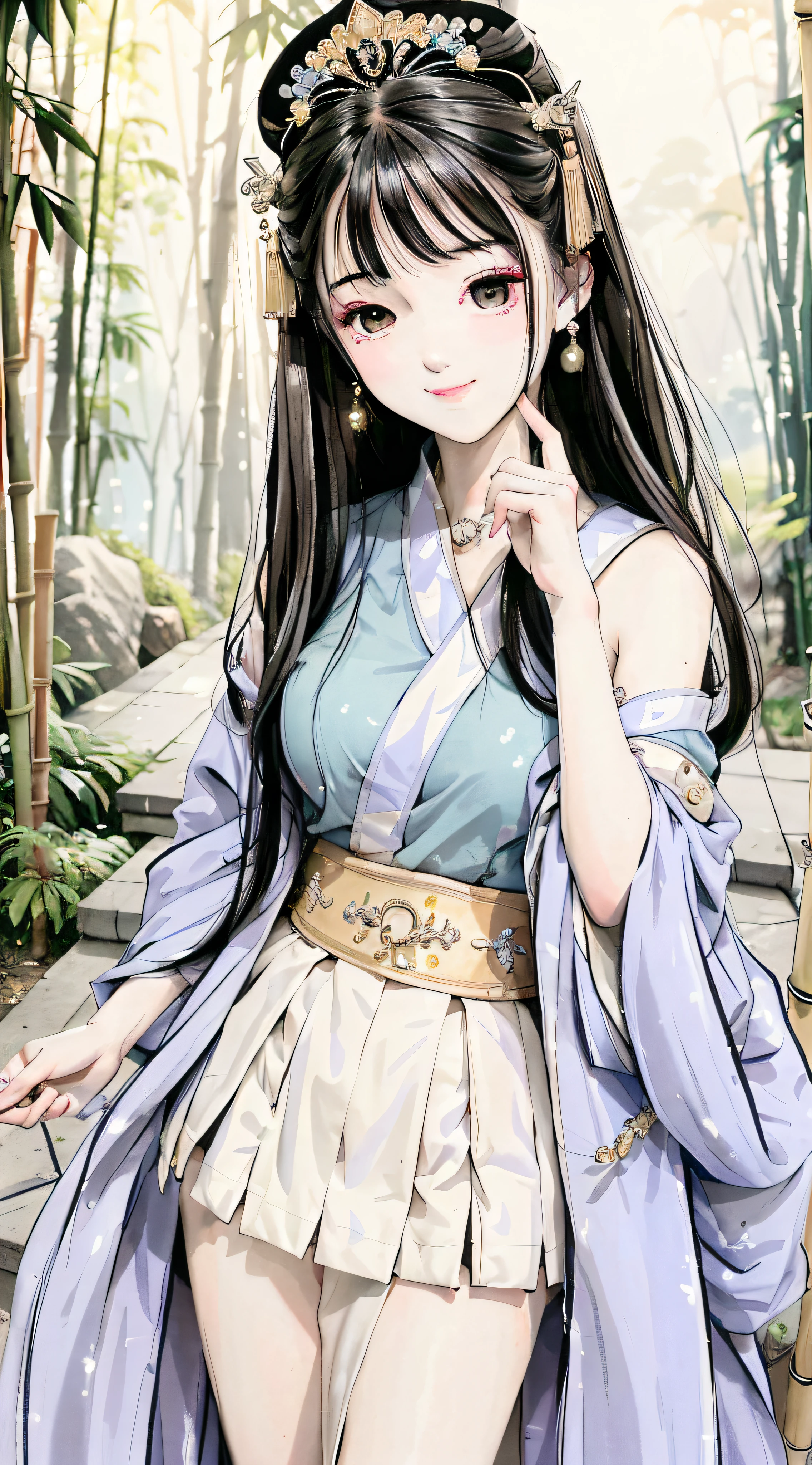 Masterpiece, 4k, super detailed, 1girl, 20-year-old young woman, delicate facial features, perfect face, smile, light makeup, headdress, hanfu, long skirt, skirt, bamboo forest, ink style, gongbi painting
