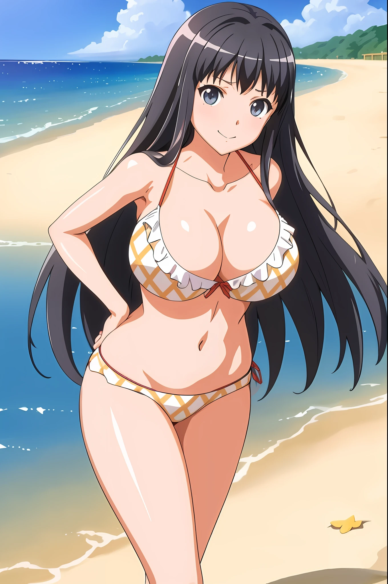 a woman in a bikini standing on a beach next to the ocean, Nagatoro, en una playa soleada, Mayuri Shiina, OPPAI, seductora chica de anime, en la playa, Mejor chica del anime, Estilo anime Ecchi, Ecchi, en la playa, Hermoso y atractivo anime adolescente, is wearing a swimsuit, Marin Kitagawa Fanart, en bikini