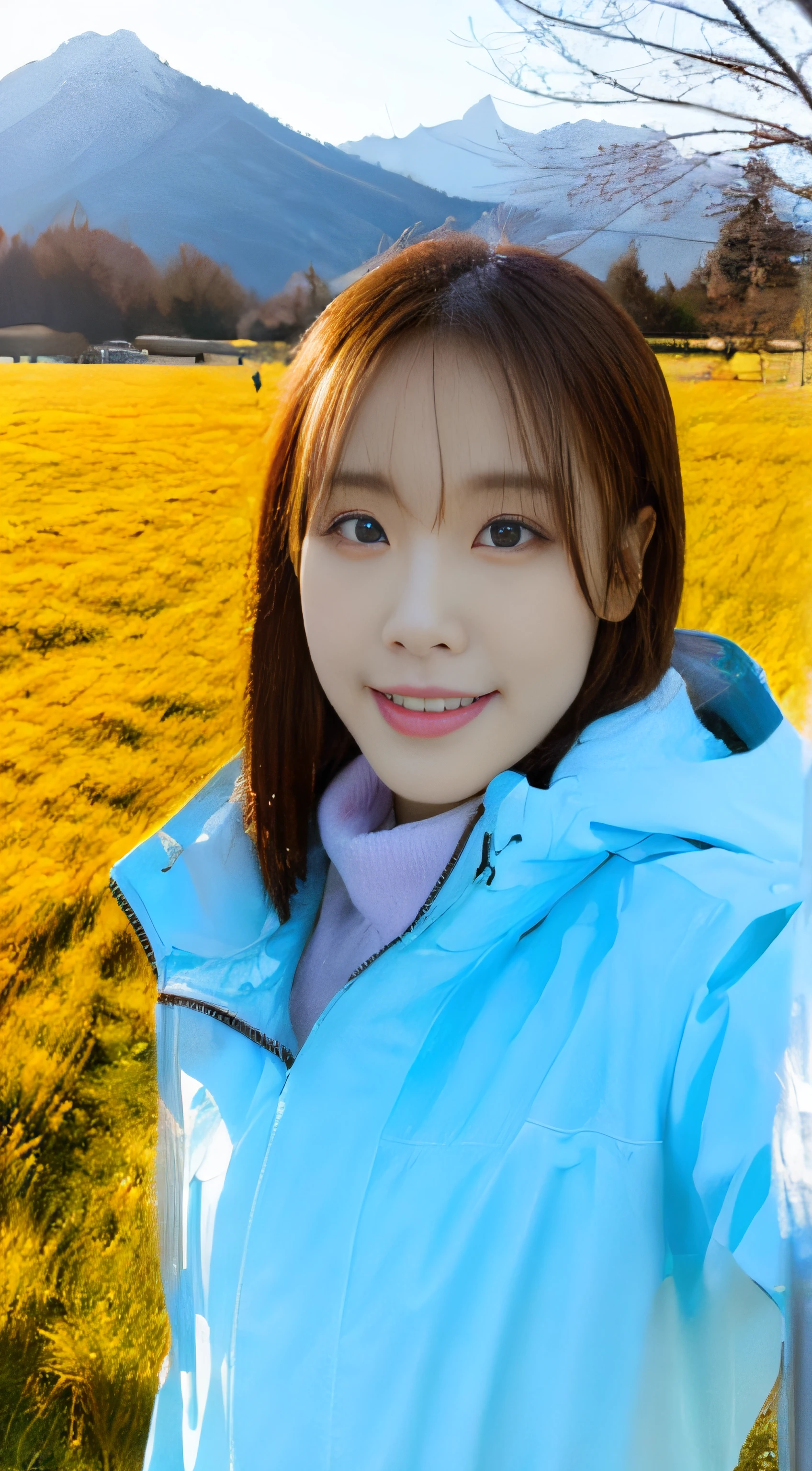 (of a real:1.5)，Wear a windproof jacket，（snow mountains：1.5），grassy fields，age 22，one-girl，