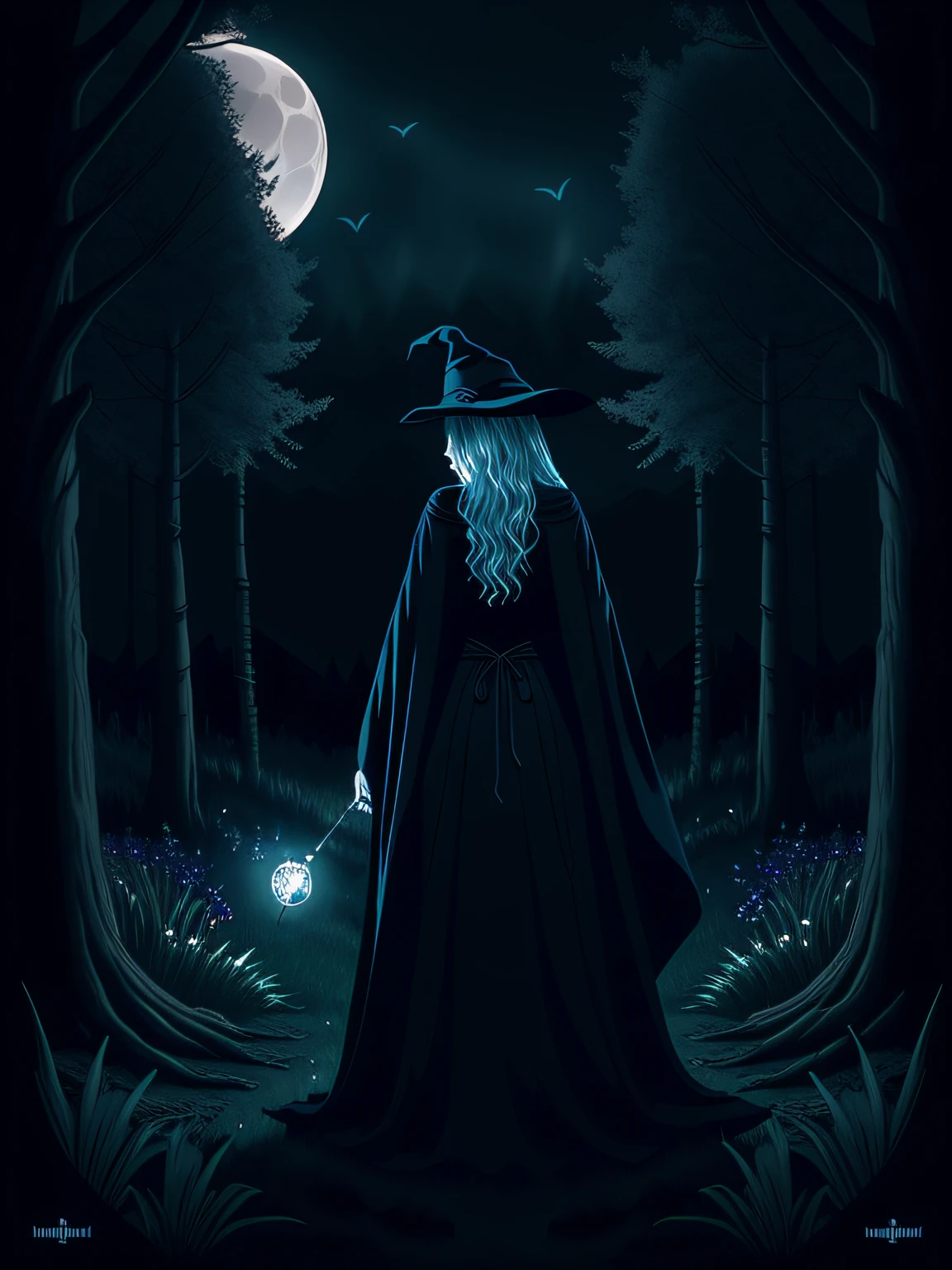 vector art of a mystical witch walking in the moonlit woods, with an aura of mystery and allure. Depict the witch with a cloak of dark colors, blending with the shadows of the night. Use a soft and eerie color palette to create a haunting and atmospheric scene. Illuminate the forest with the glow of the moon, casting silvery rays on the witch's path. Add mystical elements, such as glowing runes or floating orbs, to accentuate the witch's connection to the supernatural. The witch can be shown holding a crystal ball or a book of spells, adding to the sense of intrigue and wisdom. This style should evoke a sense of mysticism and intrigue as the witch wanders through the moonlit woods, isolated, black background, in the style of 0mib