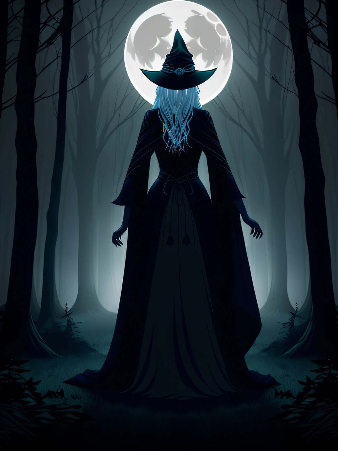 vector art of a mystical witch walking in the moonlit woods, with an aura of mystery and allure. Depict the witch with a cloak of dark colors, blending with the shadows of the night. Use a soft and eerie color palette to create a haunting and atmospheric scene. Illuminate the forest with the glow of the moon, casting silvery rays on the witch's path. Add mystical elements, such as glowing runes or floating orbs, to accentuate the witch's connection to the supernatural. The witch can be shown holding a crystal ball or a book of spells, adding to the sense of intrigue and wisdom. This style should evoke a sense of mysticism and intrigue as the witch wanders through the moonlit woods, isolated, black background, in the style of 0mib