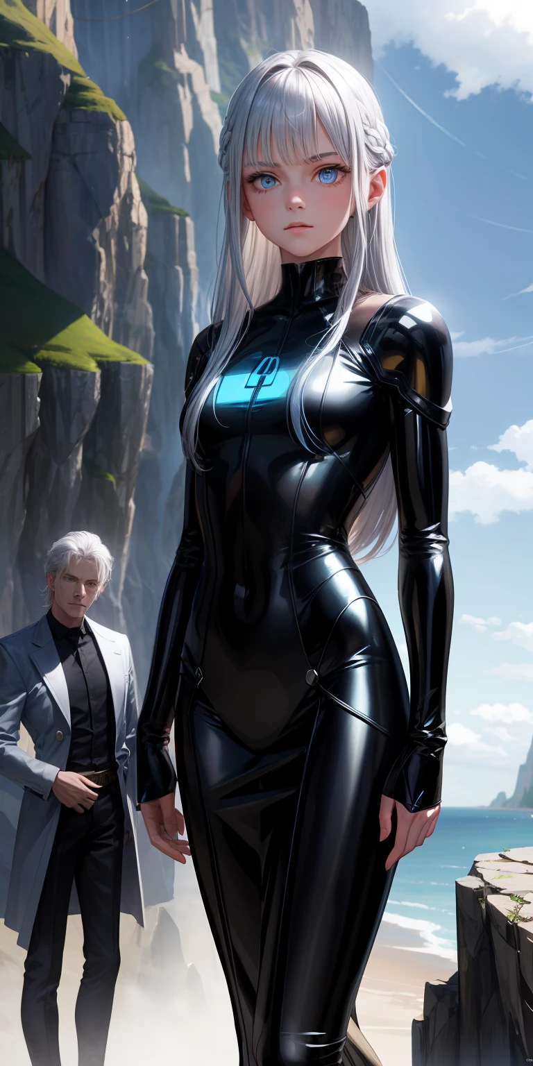 realisticlying,1girl,Silvery hair,blue color eyes,glowing light eyes,Behind you is the cliff,2 men,Dressed in black,Stand next to the woman