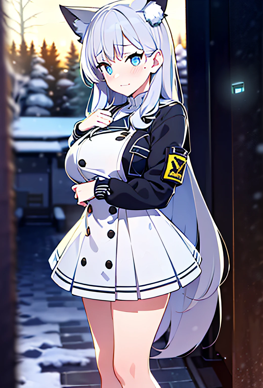 (sunaookami shiroko:1.2), {{{{Masterpiece, Extremely detailed, Intricate details, Soft focus, 8K, A high resolution, Depth of field, absurderes, high quality facial shadowing, dynamic shadowing, extreme shaders, Cinematic lighting, Perfect lighting, Soft lighting, Hazy lighting, blurryforeground, Lens flare}}}}, Best quality, asian qualities, {Front view}, (Solo:1.2), (Beautiful young girl:1.3), High school girl, {{{Extremely detailed girl, Perfect anatomy, Perfect body}}},(detailed cat ears:1.3), (beautifully detailed hair:1.3), (Dark Silver Hair:1.3), long luscious hair, (multi-layered hair:1.5), (hair splayed out:1.2), beautiful-detailed facial structure, Detailed beautiful face:1.3, Sexy face, Cute face, slender facial structure, (Detailed face:1.33), Big eyes, (Detailed glowing eyes:1.1), glowing bright blue eyes, (Detailed facial expressions:1.1), Shy, detailed-slight red blush, (detailed boobs:1.2), medium-sized boobs, (Slim waist:1.1), (Slim legs:1.1), The stands up, (winter school uniform:1.3), (detailed pure white winter school jacket:1.2), (detailed pure white checkered winter school skirt:1.2), (detailed pure white socks:1.2), (detailed black school shoes:1.3), Winter nights, (enhance background:1.4), Midnight snowfall,clear sky above,snow on sidewalks with Christmas lights on tree's surrounded the viewer, (Full body shot:1.1), hazy photo, (warm photo:1.3)