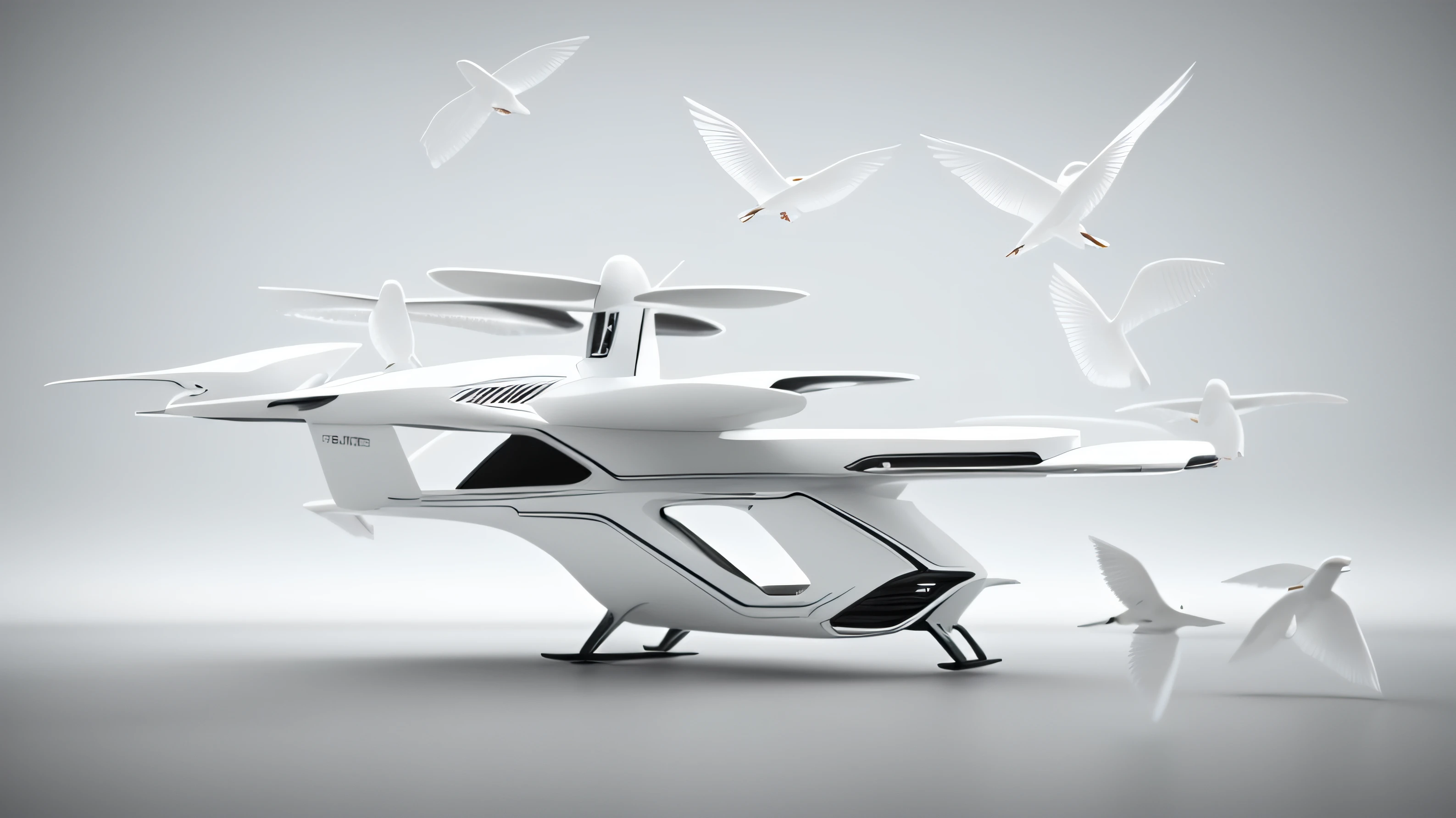 Close-up of a small white helicopter,A flock of birds flying around, Flying vehicles, lots of flying cars, rendering, flying cars, conceptual rendering, Close-up Shot Shot, conceito, close up angle, profile view perspective, full body close-up shot, flying cars, Phoenix, highly rendered!!, vehicle concept photo!!, 3/4 view from below