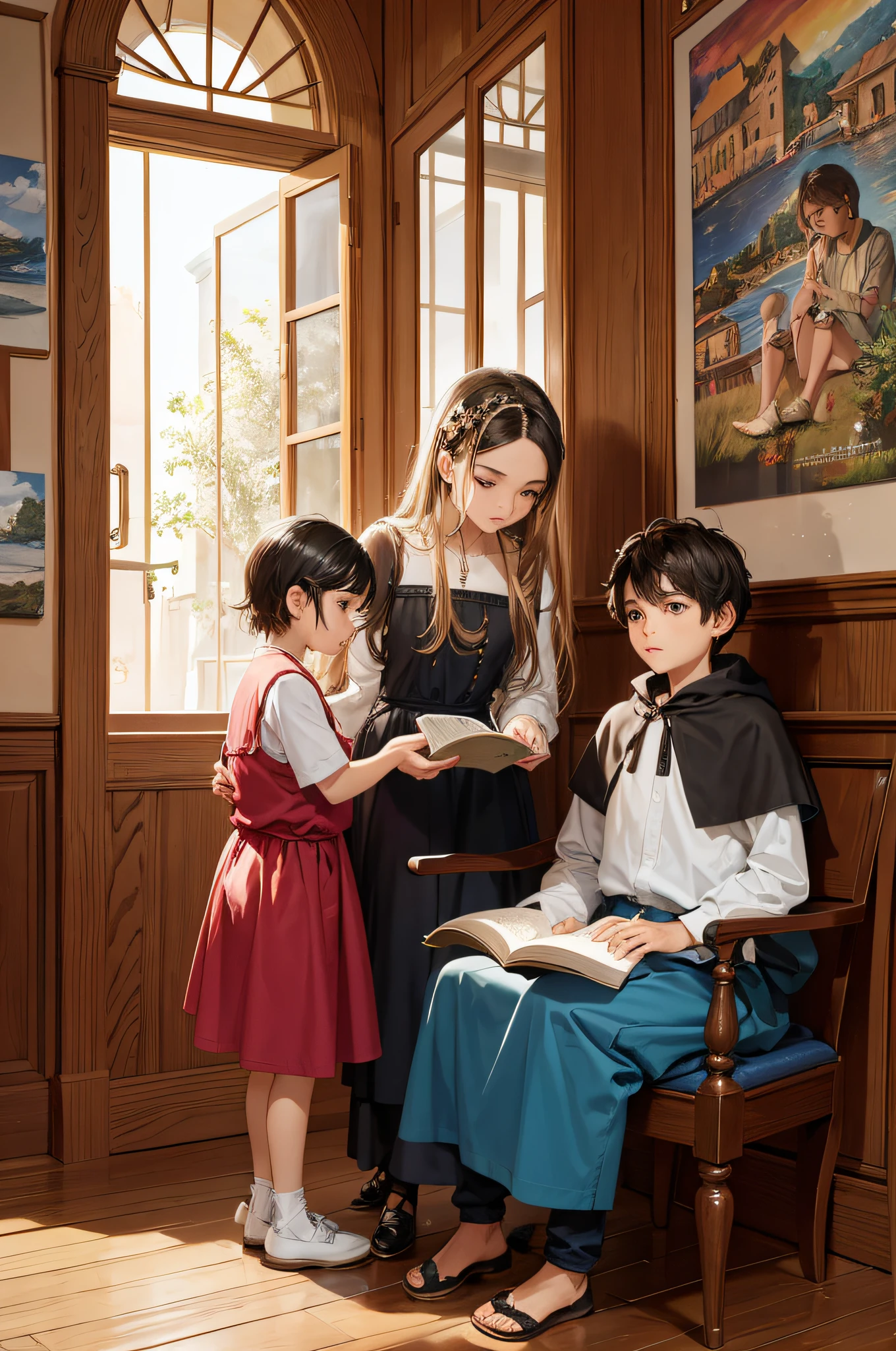 (2dois meninos) ,(siblings) , 1 menino Dudu, 9 anos, pele escura, 1 menino Pietor, 7 anos, cabelos lisos curtos, There are two children sitting on the floor reading a book, fantasy book illustration, illustration (obra-prima, qualidade superior, melhor qualidade, Arte Oficial, Beautiful and Aesthetic: 1.2), (1girl), extremamente detalhado, (Arte Fractal: 1.3), Colouring, Mais Detalhado