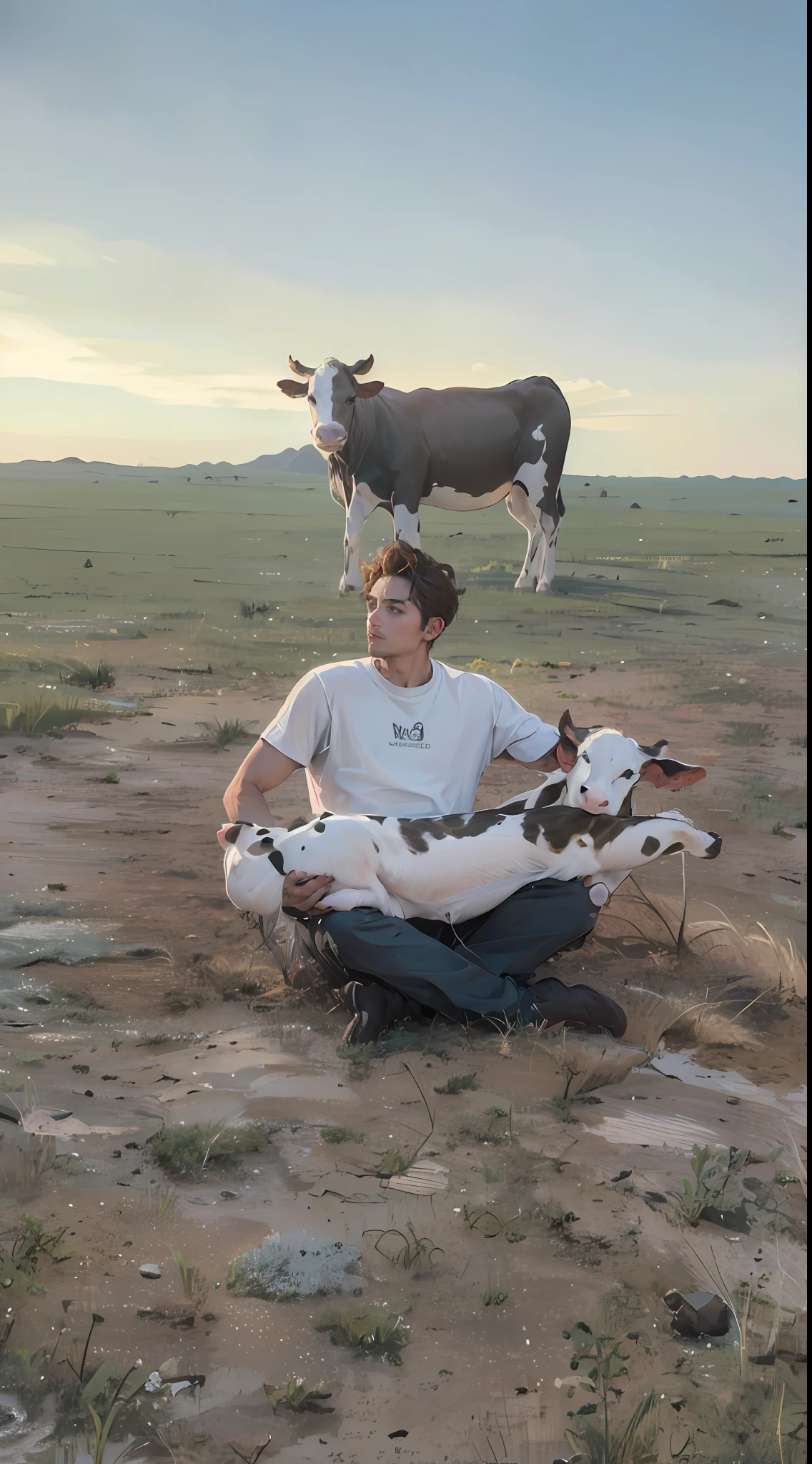 A handsome man sat happily on the ground，There is a calf in his arms，The right hand pulls the hind leg of the calf，Pull the front leg of the calf with your left hand，Calves have eyes，nase，The mouth，The background is the savannah，A cow stands on the steppe，Look at that person