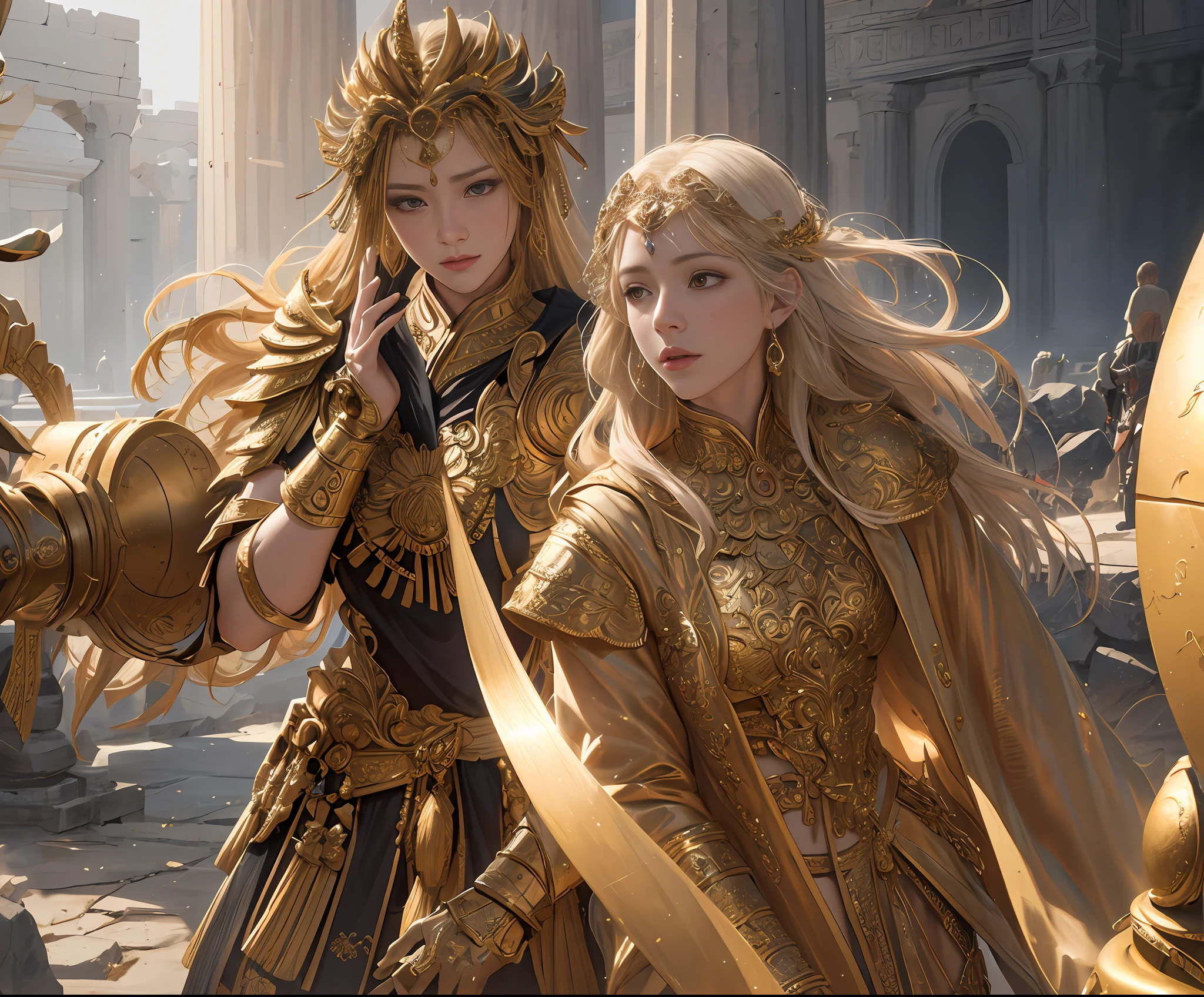 ((best qualtiy)), ((tmasterpiece)), (the detail:1.4),Greek temple,Goddess of War,Golden armor,Natural hair,complex patterns,ornate decoration,photorealistic portrait,dynamicposes,dramatics,hdr(HighDynamicRange),Ray traching,NVIDIA RTX,Hyper-Resolution,Unreal 5,Subsurface scattering、PBR Texture、post-proces、Anisotropy Filtering、depth of fields、maximum definition and sharpness、Many-Layer Textures、Albedo e mapas Speculares、Surface coloring、Accurate simulation of light-material interactions、perfectly proportions、rendering by octane、Two-colored light、largeaperture、Low ISO、White balance、the rule of thirds、8K raw data、