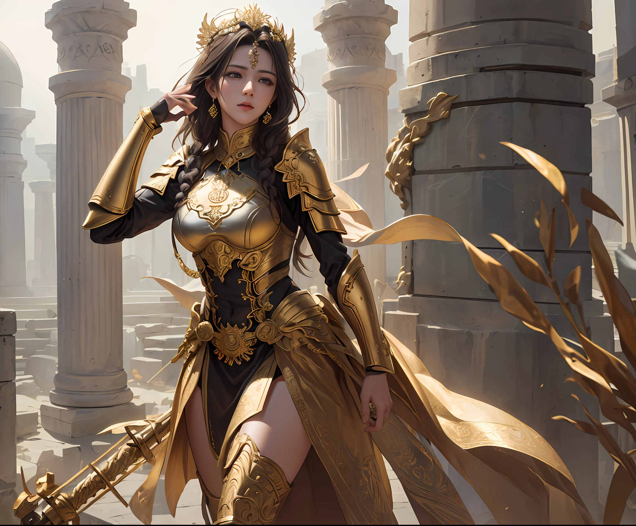 ((best qualtiy)), ((tmasterpiece)), (the detail:1.4),Greek temple，Goddess of War，Golden armor，Natural hair，complex patterns，ornate decoration，photorealistic portrait，dynamicposes，dramatics，hdr（HighDynamicRange）,Ray traching,NVIDIA RTX,Hyper-Resolution,Unreal 5,Subsurface scattering、PBR Texture、post-proces、Anisotropy Filtering、depth of fields、maximum definition and sharpness、Many-Layer Textures、Albedo e mapas Speculares、Surface coloring、Accurate simulation of light-material interactions、perfectly proportions、rendering by octane、Two-colored light、largeaperture、Low ISO、White balance、the rule of thirds、8K raw data、