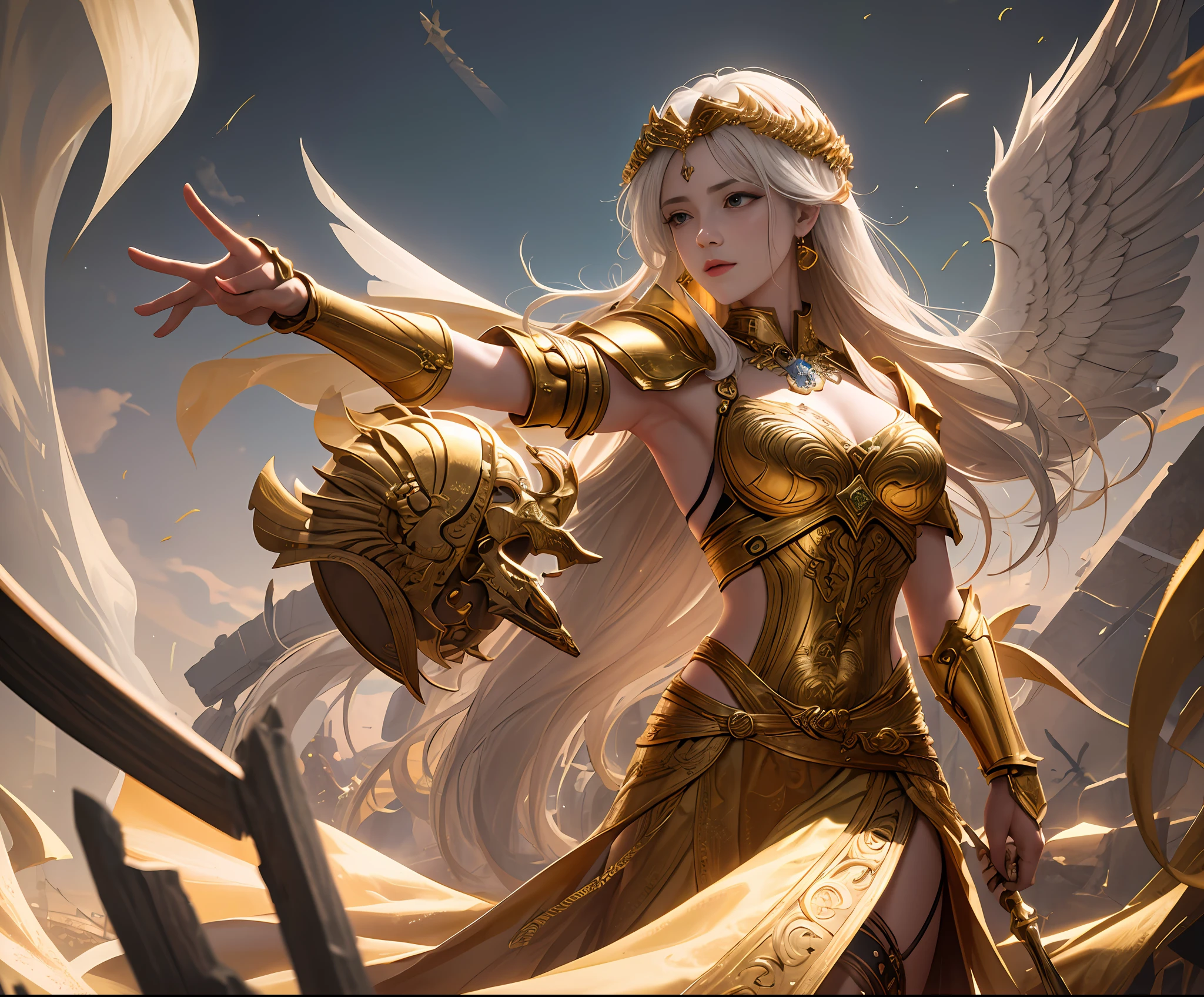 ((best qualtiy)), ((tmasterpiece)), (the detail:1.4),Greek temple,Goddess of War,Golden armor,Natural hair,complex patterns,ornate decoration,photorealistic portrait,dynamicposes,dramatics,hdr(HighDynamicRange),Ray traching,NVIDIA RTX,Hyper-Resolution,Unreal 5,Subsurface scattering、PBR Texture、post-proces、Anisotropy Filtering、depth of fields、maximum definition and sharpness、Many-Layer Textures、Albedo e mapas Speculares、Surface coloring、Accurate simulation of light-material interactions、perfectly proportions、rendering by octane、Two-colored light、largeaperture、Low ISO、White balance、the rule of thirds、8K raw data、