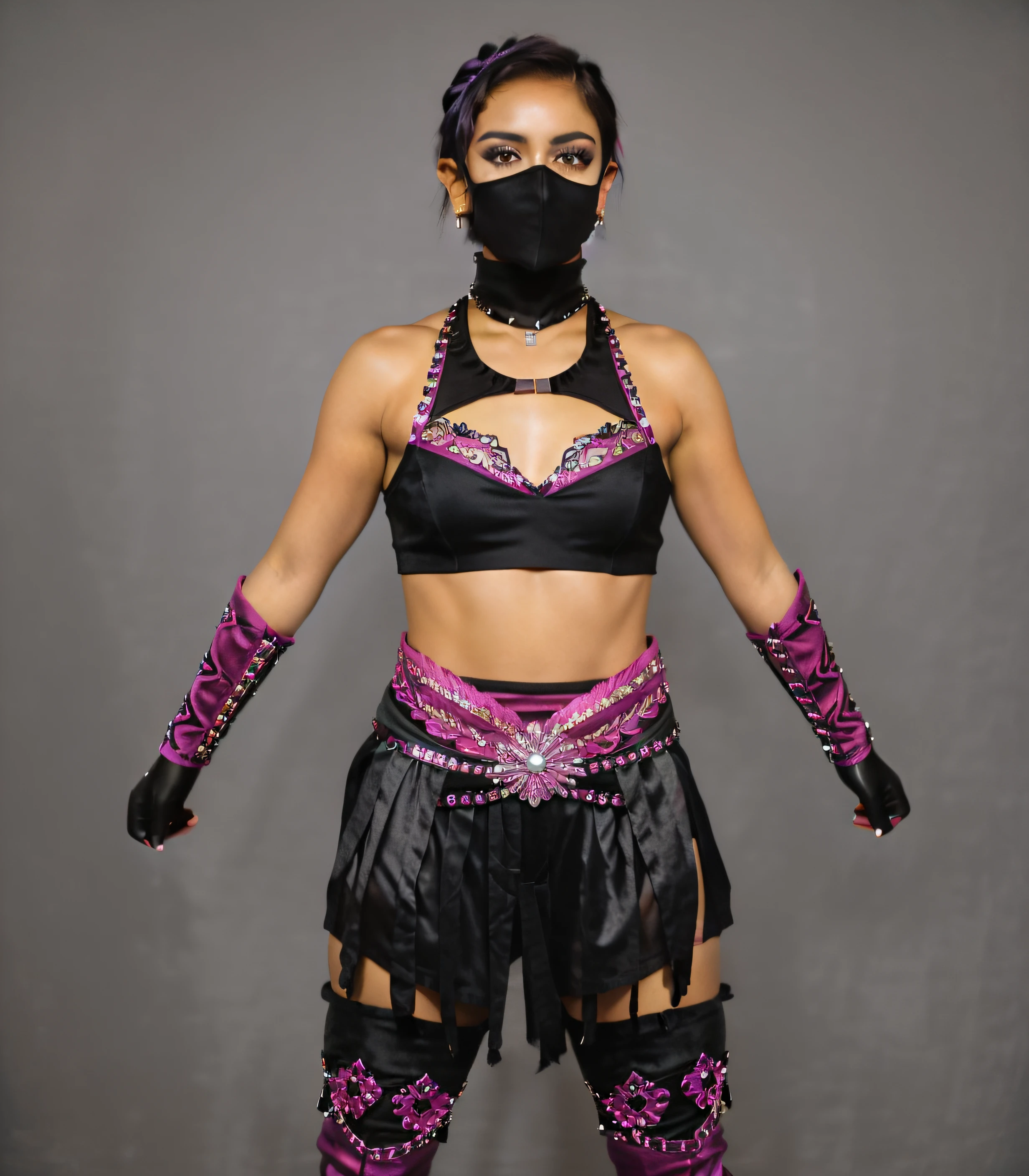 ((masterpiece, best quality)), Short-haired Brunette Hispanic female wrestler, with black velour shawl, black and magenta velour ornate bra with silver studs, black and magenta velour ornate tassel miniskirt with silver studs, black and magenta velour ornate bracers with silver studs, black and magenta velour ornate long-boots with silver studs, photo realistic, intricate details