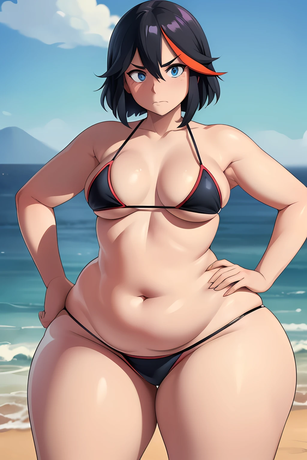 ((kipteitei)), ((masterpiece)), (((best quality))), ((ultra-detailed)), (((illustration))), detailed face, ultra cute face, detailed body, ((Line art)), (in the style of cell shaded), (vivid colors), skindentation, ((1girl)), ((solo)), matoi ryuuko, side tie bikini, undersized bikini, hand on hip, looking at viewer, cowboy shot, blushing, embarrassed, standing on beach, medium breasts, perky breasts, ((wide hips)), (((thick thighs))), thicc, ((fat ass)), ((chubby)), (fat folds),