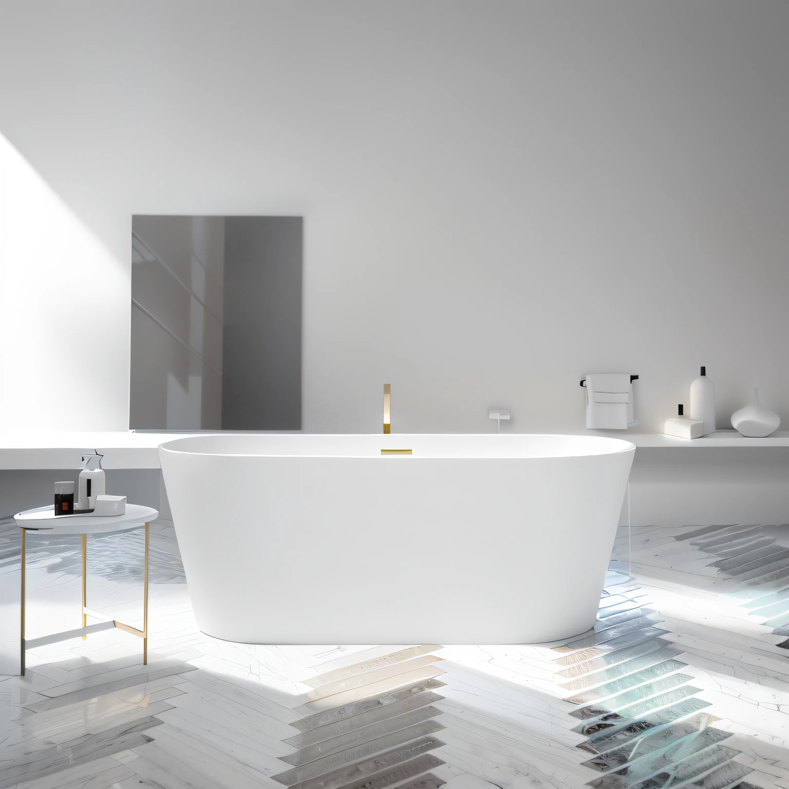 The bathroom had a white bathtub，Next to it is a table, elegant minimalism, elegant sleek smooth body, product introduction photos, crisp smooth clean lines, tinas, professional product photo, bathtub with golden faucet, product introduction photos, sleek cool waterproof design, ، simple, full subject shown in photo, high qualityProduct photography, premium bathroom design, rectangle white porcelain table