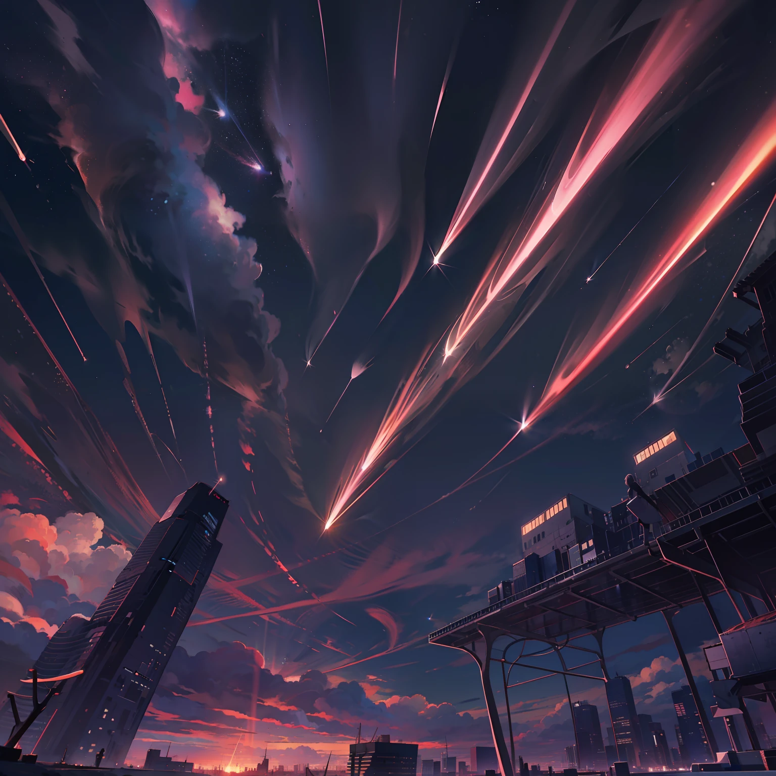 quadratic element,Beautiful,starrysky,Meteors streak across,sky cities,Faraway view,tmasterpiece,best qualtiy,8k wallpaper,A high resolution