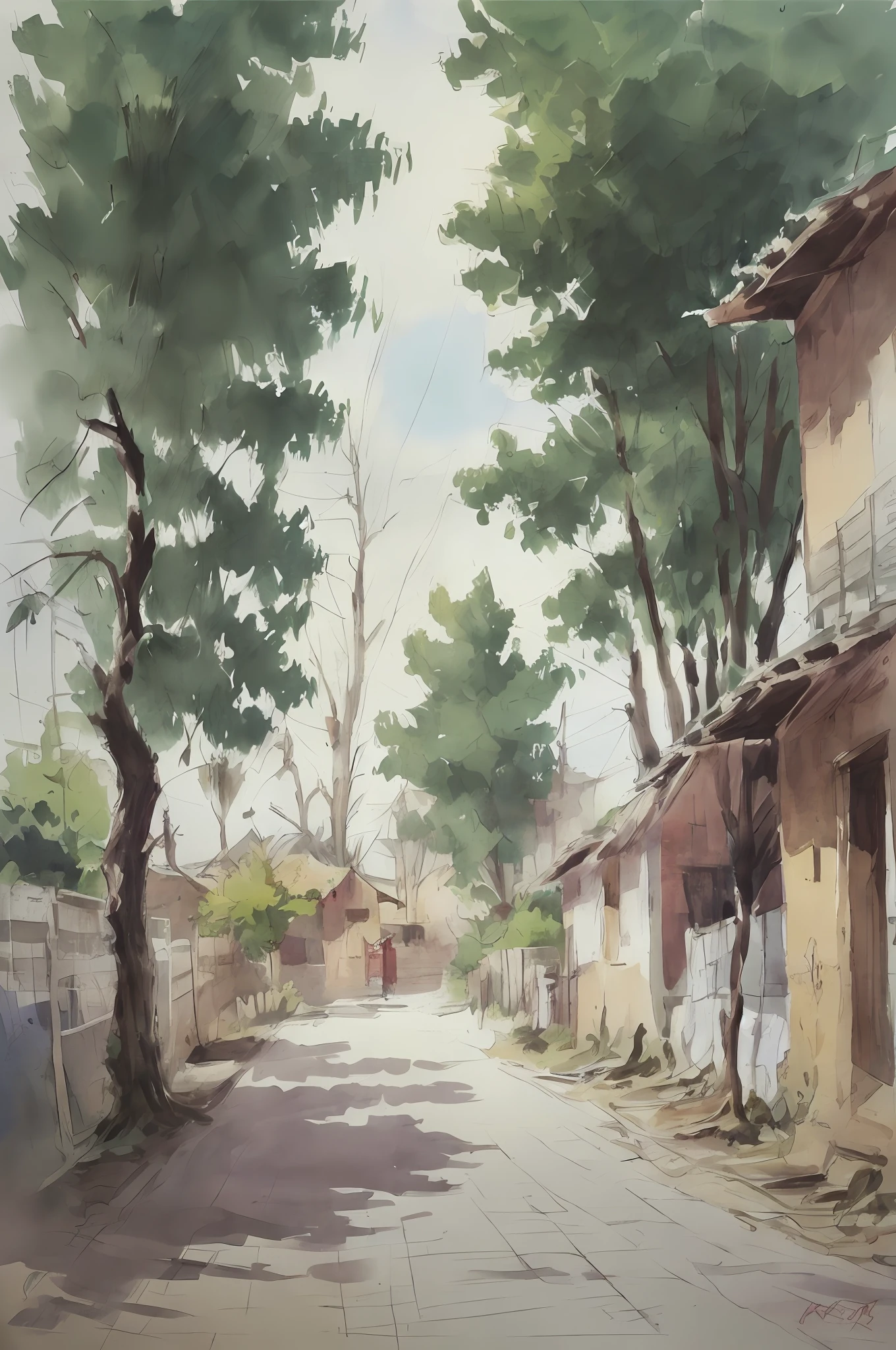 Watercolor painting, small path of Chinese rural houses, trees, bright sun, shade,