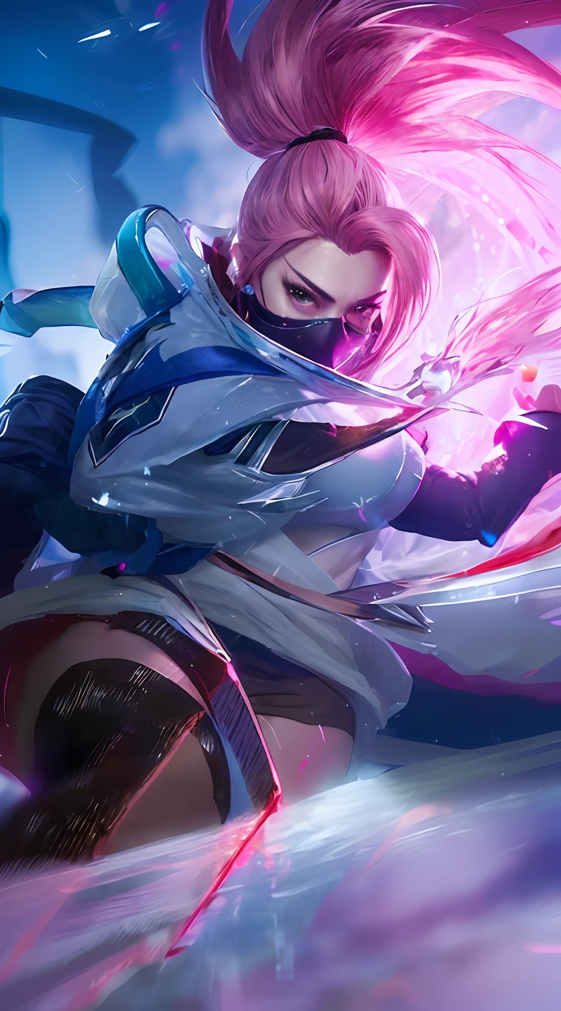 ((Best Quality, 4K, Masterpiece 1.3)), (Detailed :1.4), Reality, 1girl, a woman with pink hair and a big shuriken in a blue and white outfit, fiora from league of legends, kda, akali, league of legends character, vi from arcane, range murata and artgerm, style league of legends, akali from league of legends, irelia, g liulian art style, samira from league of legends, Big Breast, Huge Breast, Nice Thigh, beauty eyes, perfecteyes, a woman with black masker and waist bag, ponytails hairstyle, ponytails, 4K, HD, Ultra Realistic, extremely detailed, tfft