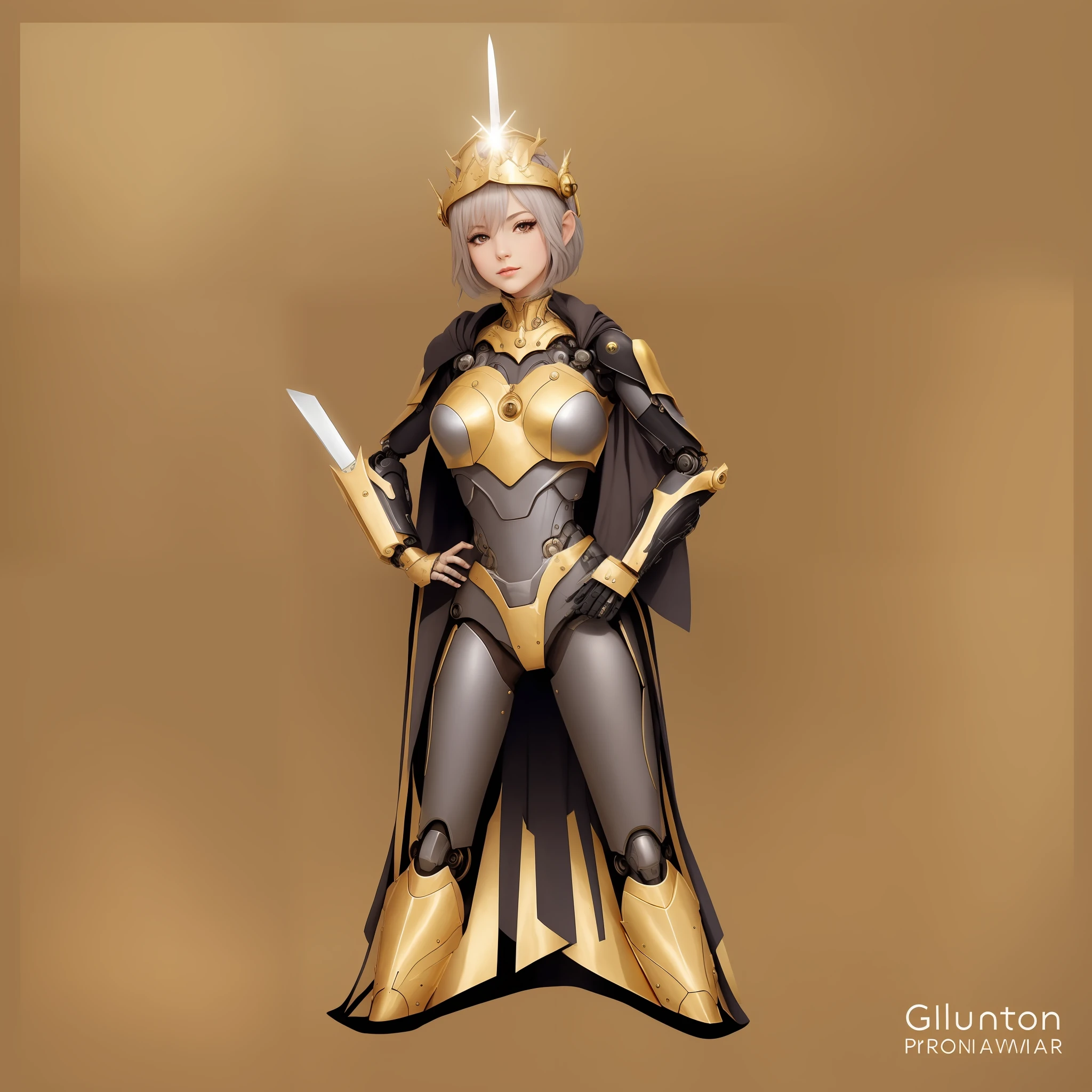 CHIBI、Alafed image of a costume woman holding a sword, cyborg noble woman, simple futurist cyborg empress, cyberpunk robotic elvish queen, portrait of cyborg queen, clothed in ethereal armor, clothed in ethereal battle armor, golden armour, angelic golden armor, mechanized valkyrie girl, beautiful cyborg priestess, Gold SCI - FI Armor