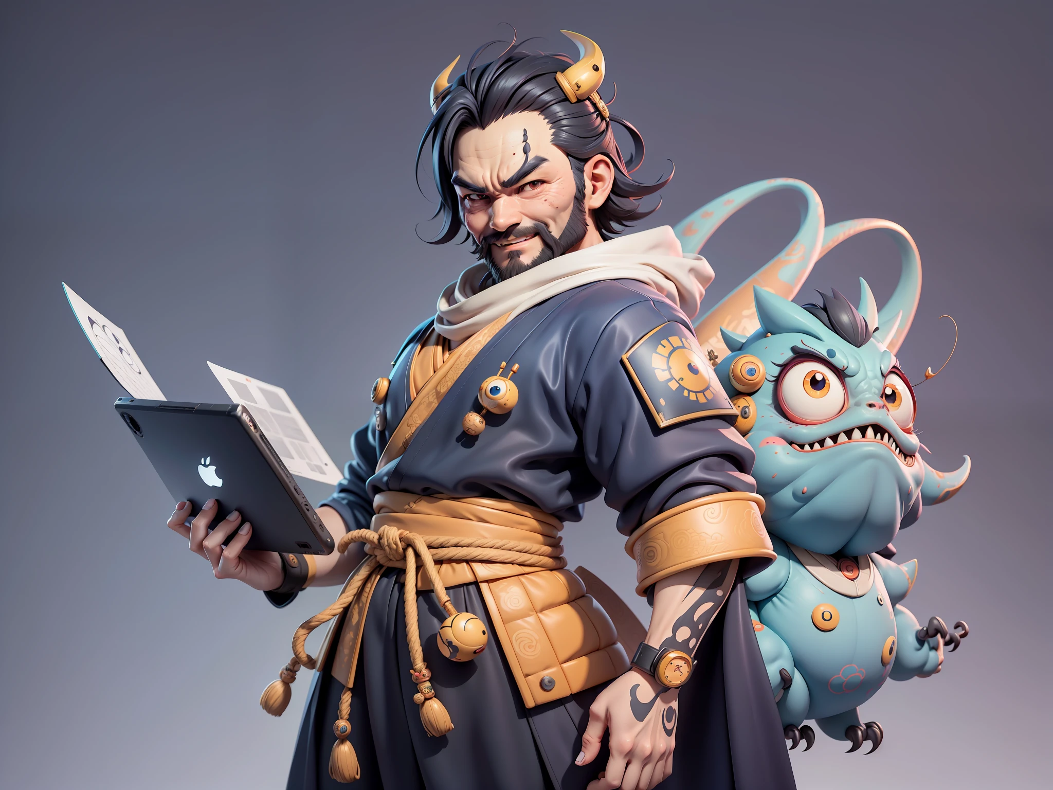 (Daisaku),(Need),(Super meticulous),(full bodyesbian:1.2),Japanese ukiyo-e girl,japanese geisha,Beautiful,Oriental dragon,Aeolian Thor,Raised sexy,爆乳,Oriental face,TV Anchor,Bust portrait illustration,Alone,In black suit,a blue tie,The face is slightly chubby,The face was clean,without a beard,Black super short hair,Black eyes,Smile confidently,3C computer sub-products,iPad, iphone,Digital painting,3D character design by Mark Clairen and Pixar and Hayao Miyazaki and Akira Toriyama,The illustration is a high-definition illustration in 4K resolution,With very detailed facial features and cartoon-style visuals。