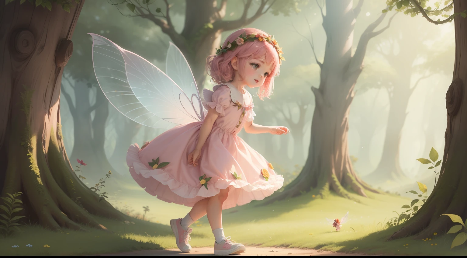Illustration for children's story of a cute little fairy, corpo inteiro, inserida em uma floresta magica que tem cabelos rosa, a wreath on his head, Foot sneakers, flutuando na floresta magica, vestido longo
