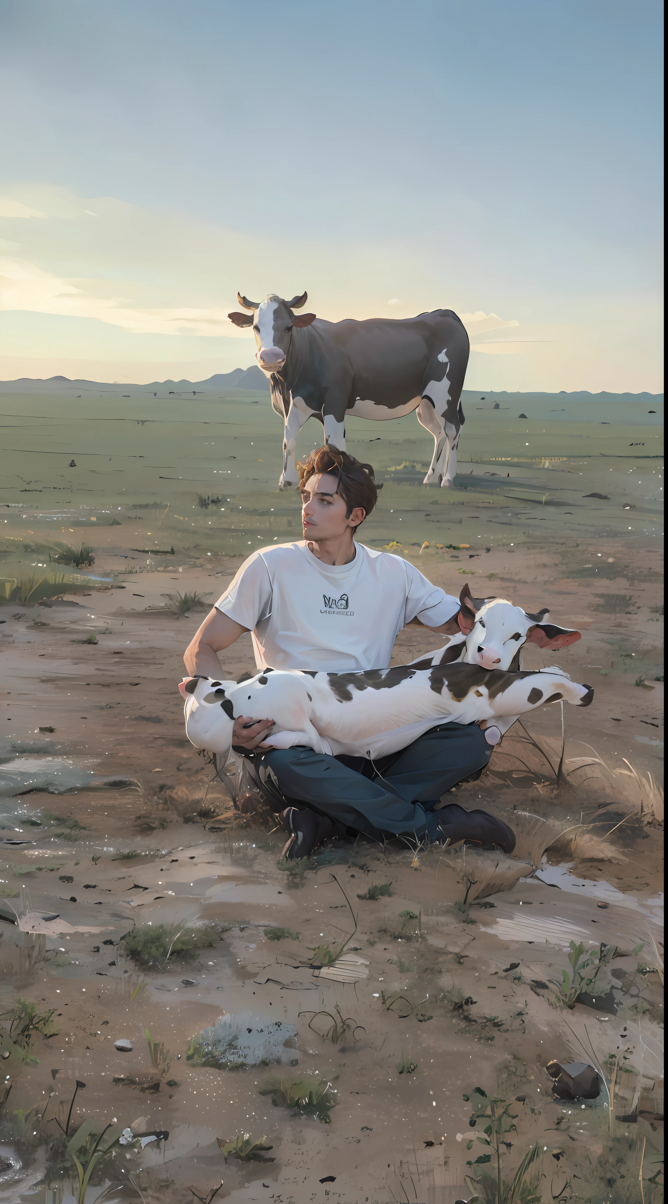 A handsome man sat happily on the ground,There is a calf in his arms,The right hand pulls the hind leg of the calf,Pull the front leg of the calf with your left hand,Calves have eyes,nase,The mouth,The background is the savannah,A cow stands on the steppe,Look at that person