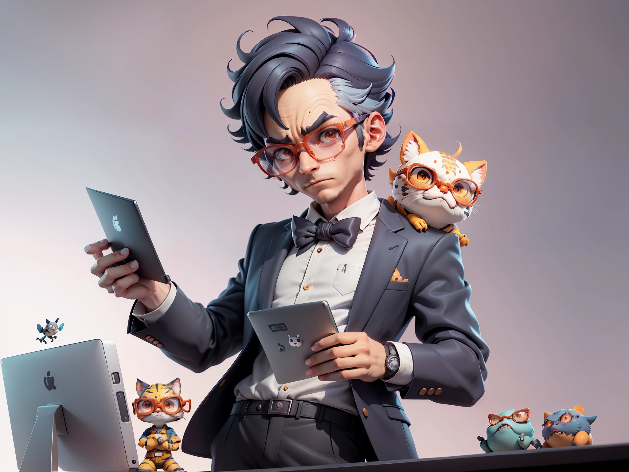 A young man in a suit, Short hair and glasses sat at his desk，holding laptop，digitial painting，tigre，3D character design by Mark Clairen and Pixar and Hayao Miyazaki and Akira Toriyama，4K HD illustration，Very detailed facial features and cartoon-style visuals。