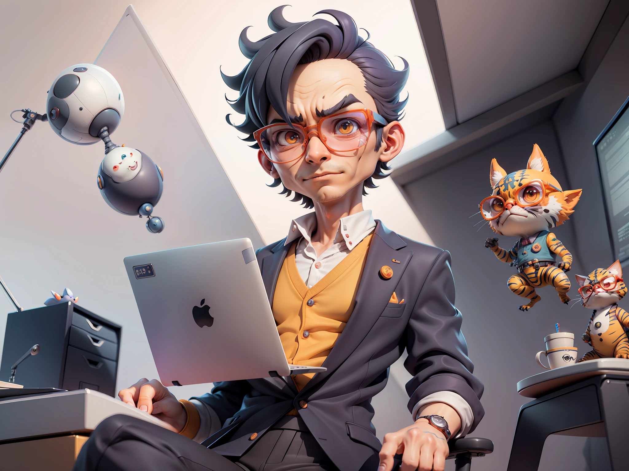 A young man in a suit, Short hair and glasses sat at his desk,holding laptop,digitial painting,tigre,3D character design by Mark Clairen and Pixar and Hayao Miyazaki and Akira Toriyama,4K HD illustration,Very detailed facial features and cartoon-style visuals。