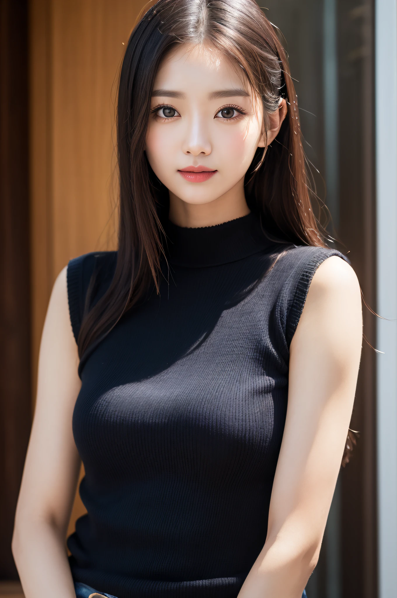 ((best qualtiy、8k masterpieces:1.3))、foco nítido:1.2、(ultra beautiful faces:1.0)、(Slender Abs Beauty:1.0)、(shinny skin:1.0)、photos realistic、A dark-haired、Video Lighting、High-definition eyes and face、Video Lighting、(cowboy shot:1.3)、Wearing a tar-neck knitted shirt、(Korean Cute Actress)、from the front side、medium large breasts、A slight smile、Sleeveless