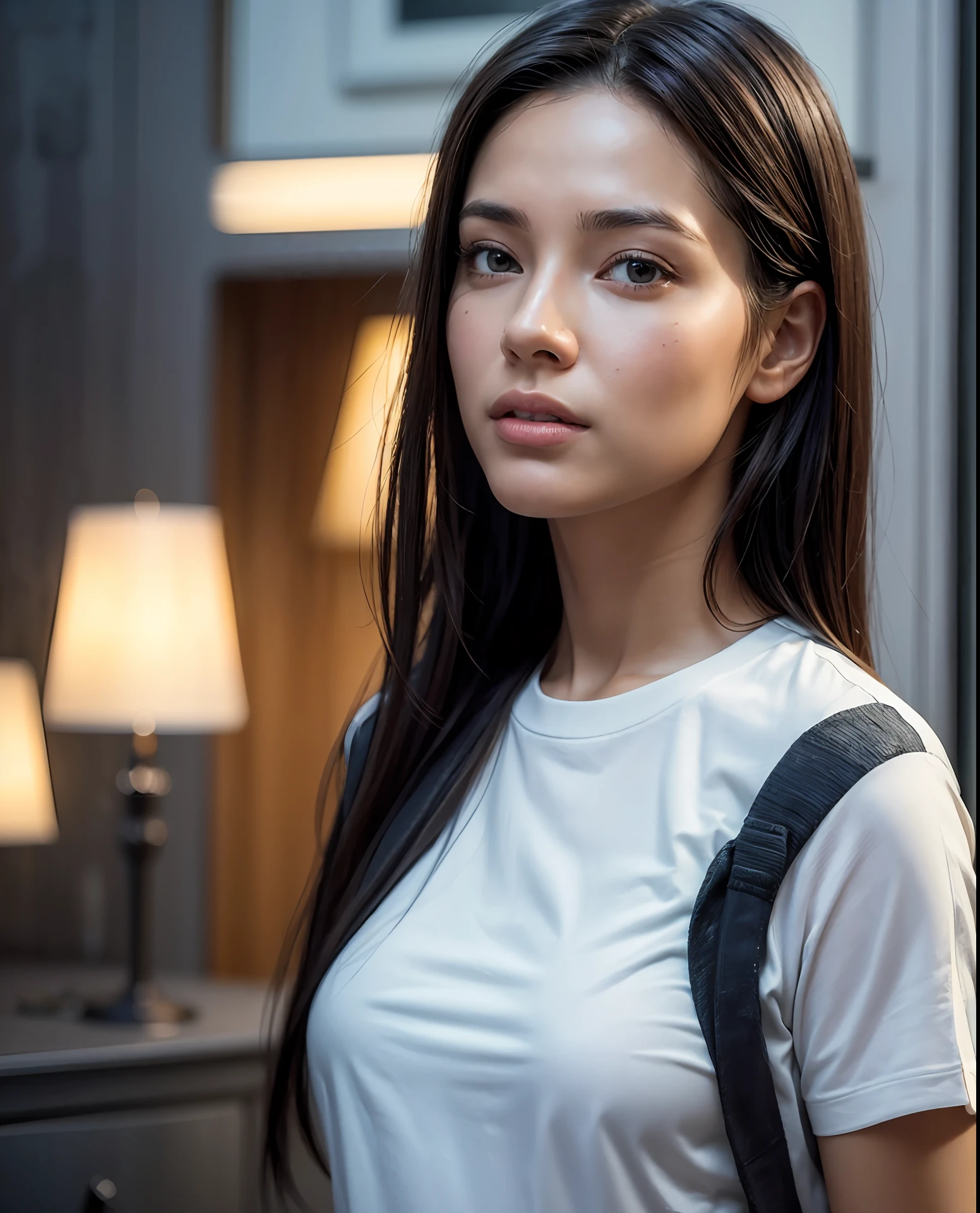 dressed, (photo realistic:1.4), (hyper realistic:1.4), (realistic:1.3), (smoother lighting:1.05), (increase cinematic lighting quality:0.9), 32K, 1girl,20yo girl, realistic lighting, backlighting, light on face, ray trace, (brightening light:1.2), (Increase quality:1.4), (best quality real texture skin:1.4), finely detailed eyes, finely detailed face, finely quality eyes, (tired and sleepy and satisfied:0.0), face closeup, t-shirts, (Increase body line mood:1.1), (Increase skin texture beauty:1.1)