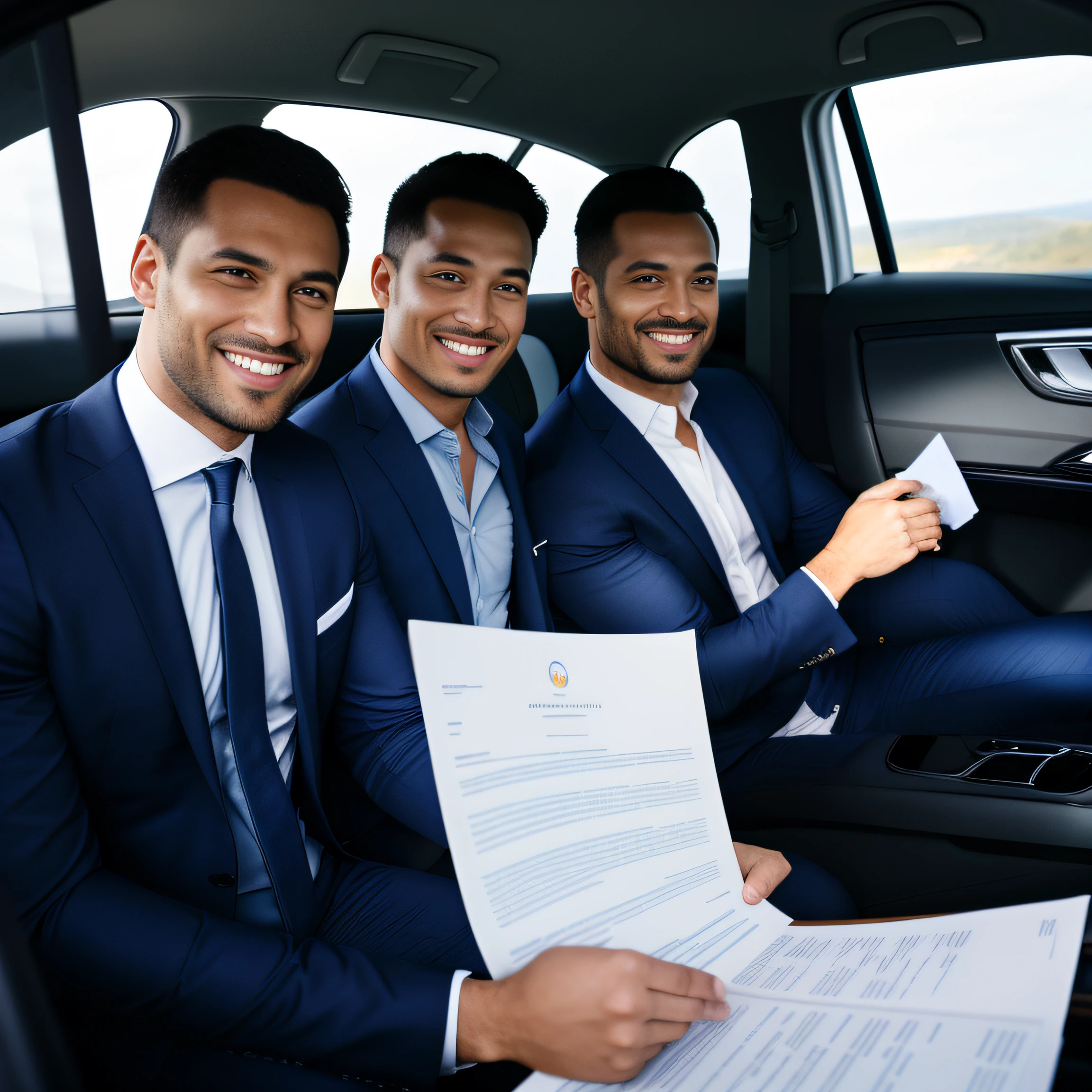 Three men in suits smiling sitting in car with documents, Professional, posing for camera, portrait shot, car commercial photograph, Very professional, corporate portrait, professional art, Triumphant, More details, professional work, Professional shots, Insurance sales, motor car, Ready for a meeting, subtle details, Confident, professional, scenic full shot, look happy