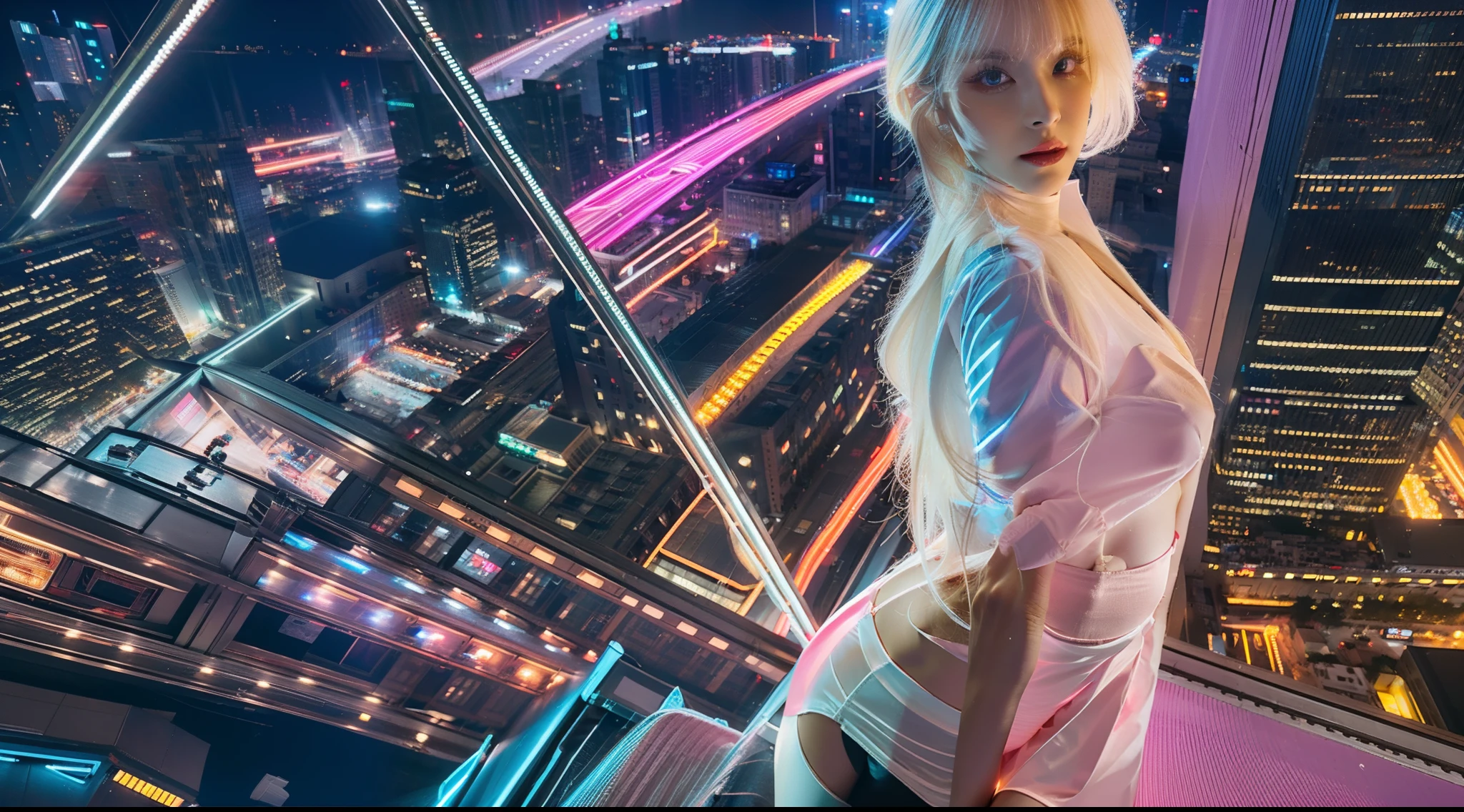 real photograph,Top-down view of the roof at night,A heroic European and American woman,White blonde hair,Bust or full body portrait,The background is skyscrapers and neon lights in all directions,Live model photo,Face to face,