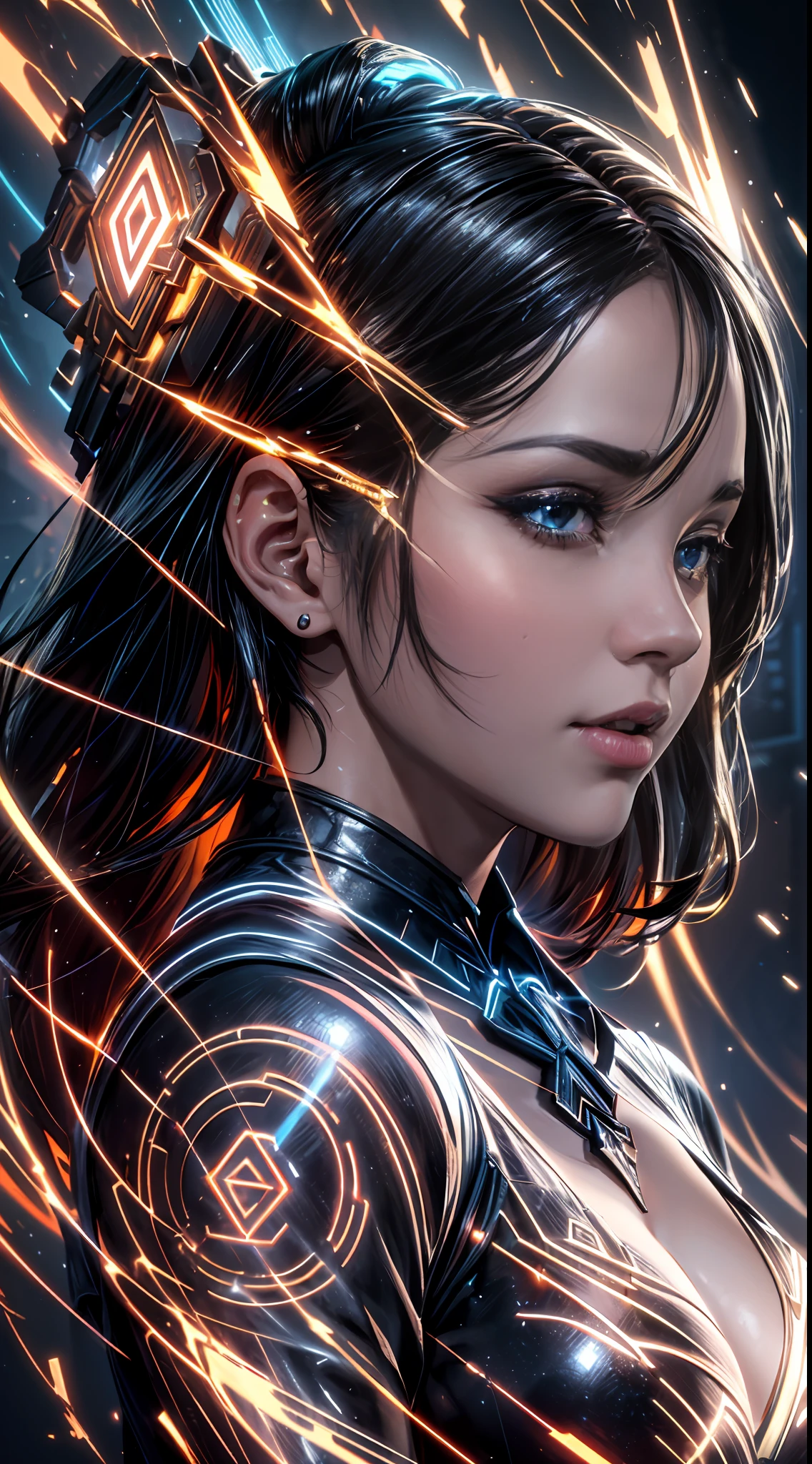 Hyperrealism detailed bio-fi genetic geisha transcendence belle Navigator, apical fashion, perfect face shading, aesthetics, light vanta black copper coating, blazing gold gloss, connecting glowing flowing hair, QR-Code Glyphs, radio active prismatic molecules, soft impressionist brush strokes, subtle sublime color, canvas texture, tight crop, muted colors, portrait painting, action pose, fill the whole picture, rich hyper details, vivid global light, 3D pristine 8K sleek, perfect inventor composition, realistic impressive shadow shading, WLOP, professional ominous concept art, an intricate, elegant, highly detailed digital painting, concept art, smooth, sharp focus, illustration, in the style of Jackson Pollock