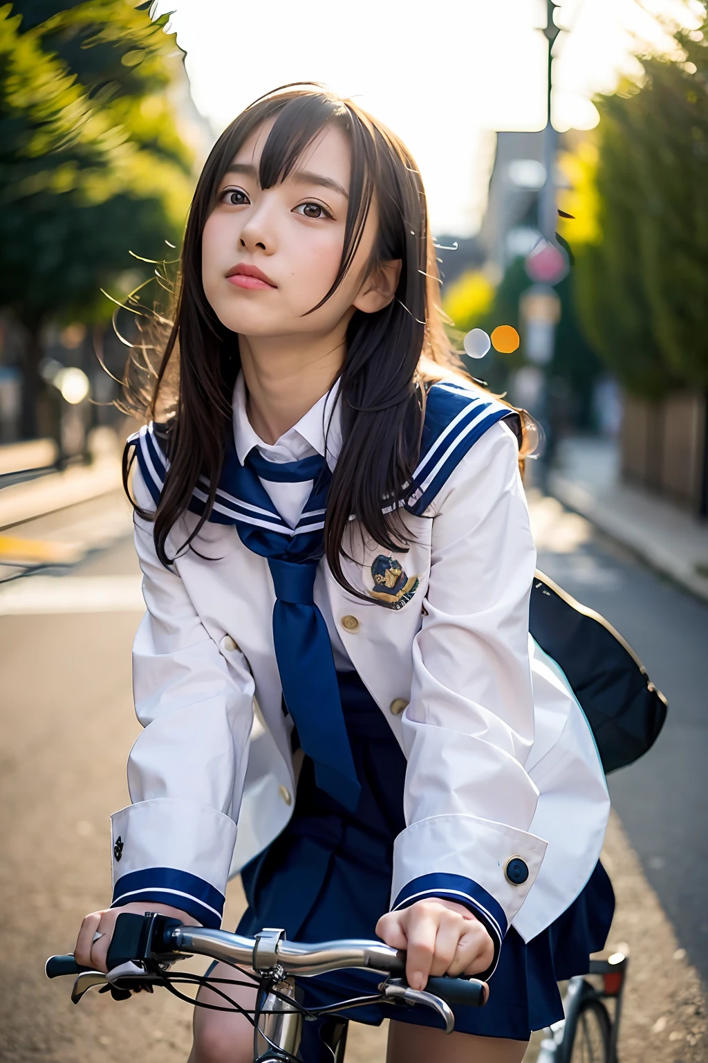 Woman in sailor suit riding bicycle, wearing japanese school uniform, Japan school uniform, japanese girl school uniform, Seifuku, girl wearing school uniform, Sailor Uniform, Wearing school uniform, Wearing a school uniform, loose coat collar sailor uniform, real life anime girl, chiho, JK Uniform, Kantai Collection Style, shot with Nikon Z9