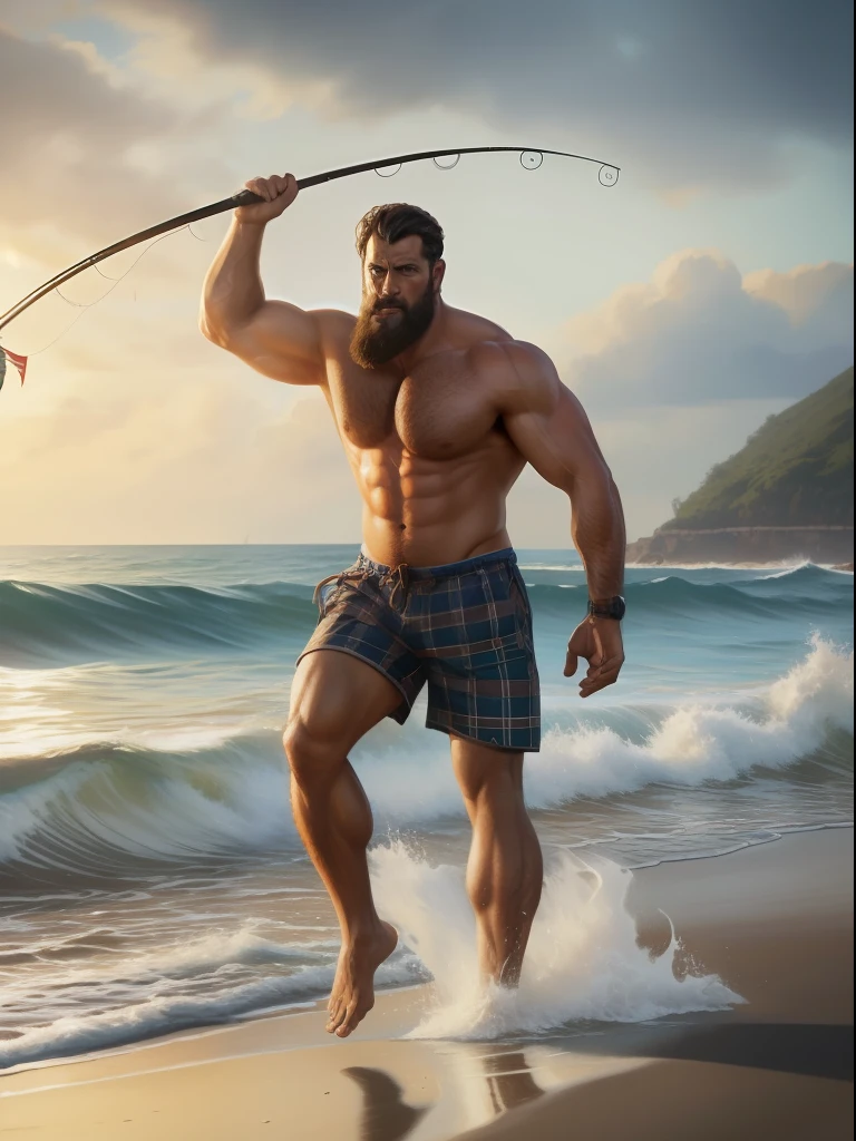 A ultra realistic photo of an insanely handsome hunky 30s sexy attractive hunk fisherman by the ocean, full body, very hairy body, big beefy man, ripped checkered, exposed hairy body, tanned, raunchy, toned body, beach, running, action shot, summer, sunny, soft lighting, muscular, extremely charming, kind smirk, dimple, fishing tools, boats, fish by Craig Mullins, Greg Rutkowski, painterly style, central composition, big nose, big hands, light brown hair, insanely handsome.