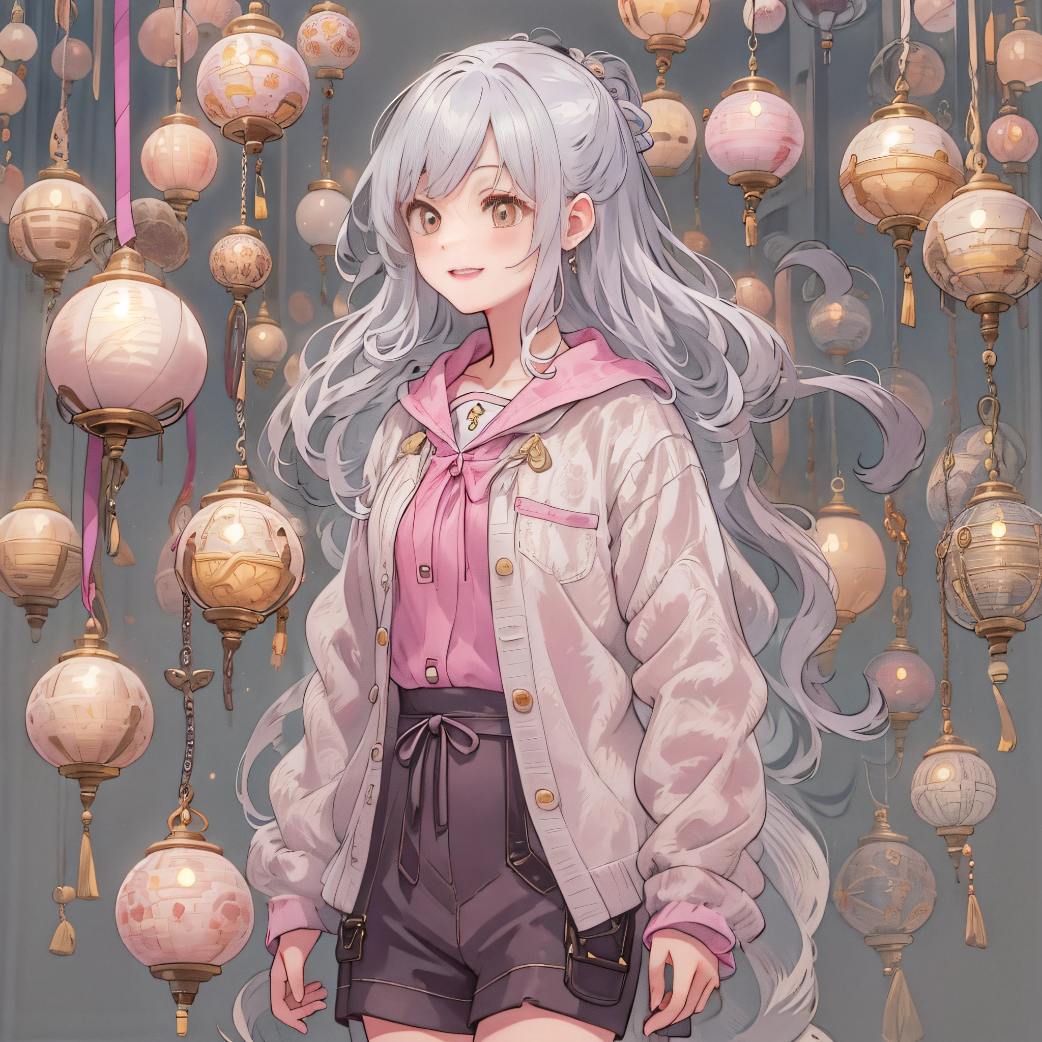 Girls have long eyelashes, Pink smile, Silver hair, Double dango bag, There are bells in the hair, ssmile, Standing painting style，Perspectiva subjetiva，Persona diagram，Seven-doppelganger shot，romanticism lain，style of anime，Divine sense top light，8K，acurate，The is very detailed，best qualtiy