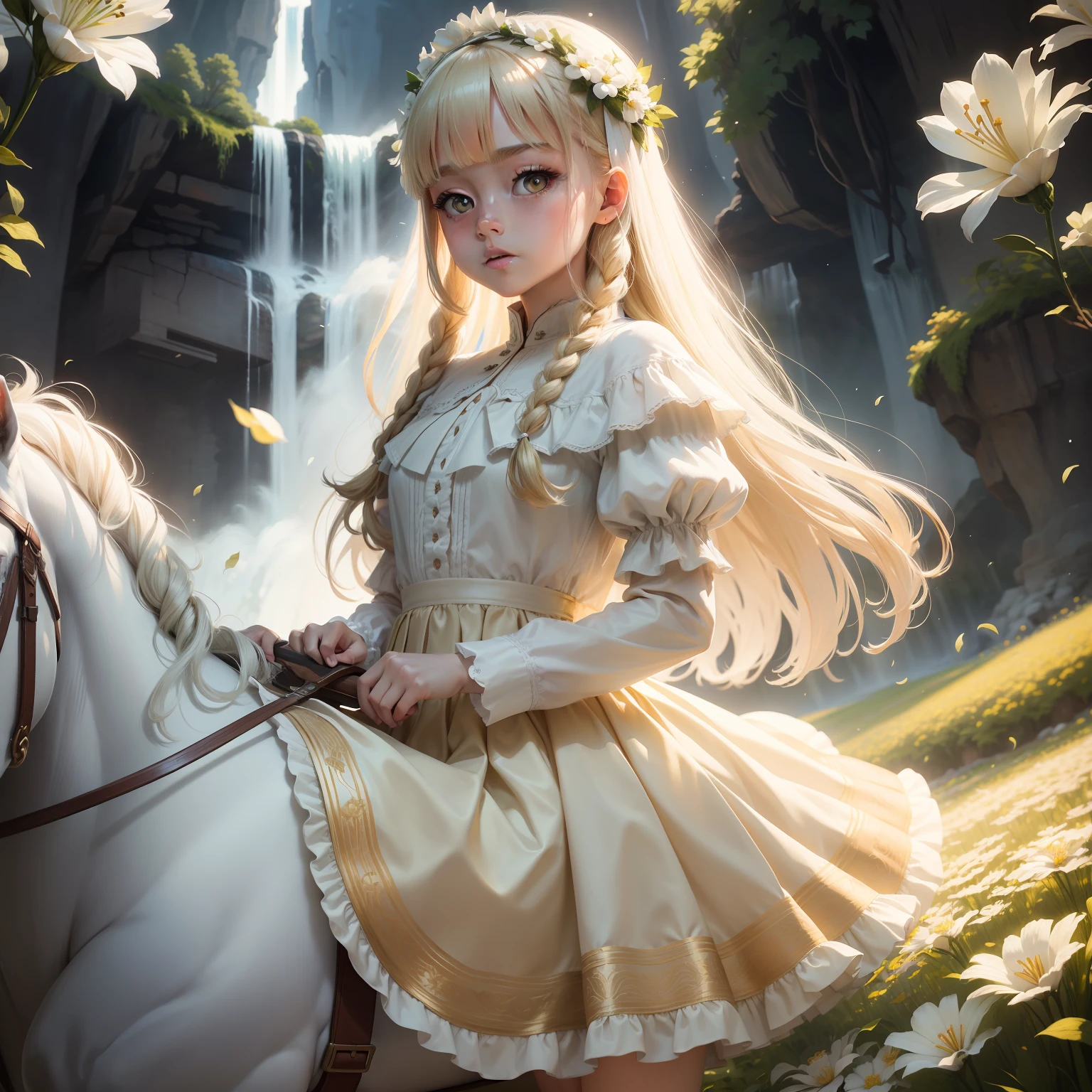 Lily girl beautiful girl beautiful daughter and beautiful granddaughter,Volumetriclighting,cinematric light,Double up braid,dynamic angle,globalillumination,Third Person View,Mood lighting,High-quality frontal lighting, edge lighting, high resolution, delicate eyes, high quality masterpiece,fully body photo,Gold and white gauze princess outfit,Short skirt,Little crown。,on a white horse,。Background waterfall,Flowers and meadows