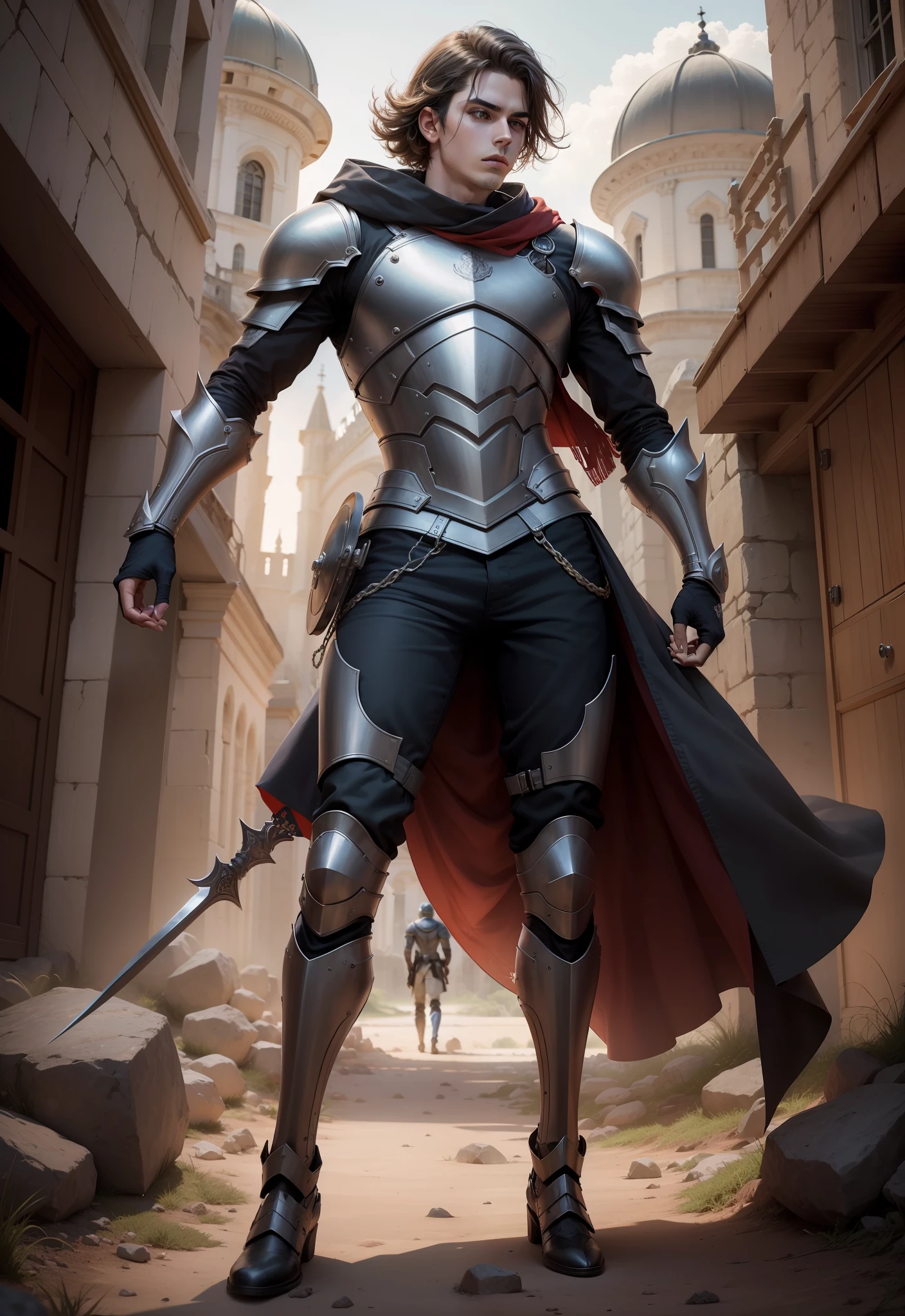 1homem de 16 anos, solo, peitoral de armadura detalhado, rosto bonito e proporcional, rosto detalhado, (((cabelos pretos))), olhos amarelos, segurando espada curta de ouro, crimson mist around his body, em um campo de batalha cheio de mortos, full body