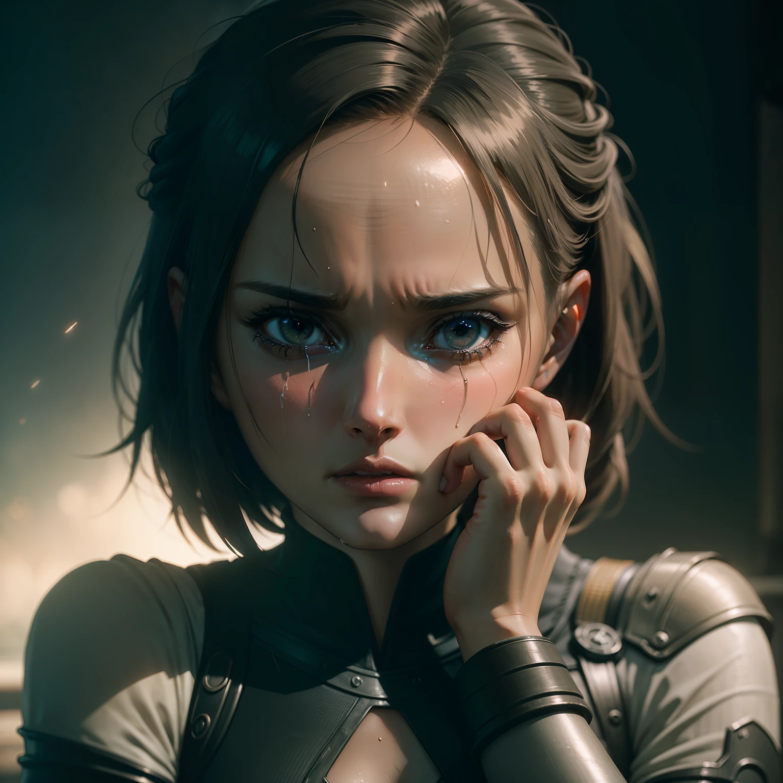 a woman with a sad face and a hand on her face, crying. scifi, still from alita, ps5 cinematic screen capture, time dragging on for too long, unreal engine cinematic, amazing cgi, tears running down face, cinematic post process, video game cinematic, unreal engine. film still, ps 4 in - game cinematic, crying one single tear