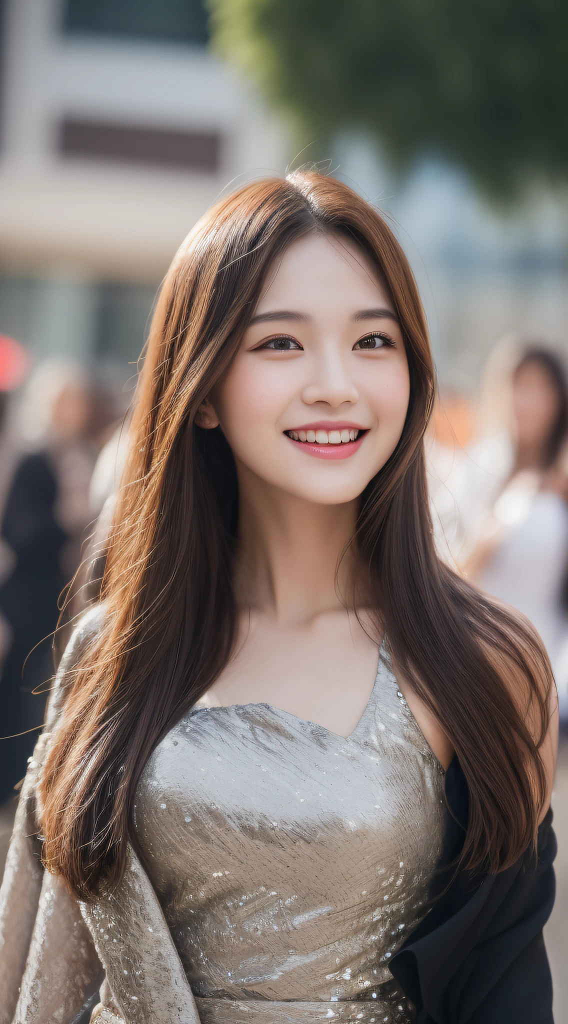 ((Best quality, 8k, Masterpiece :1.3)), 1girl, smiling, full body, slim face, Pretty woman, (Dark brown hair), full length dress :1.1, Ultra-detailed face, Detailed eyes, Double eyelid, blur background, slim face, city, outside, street,