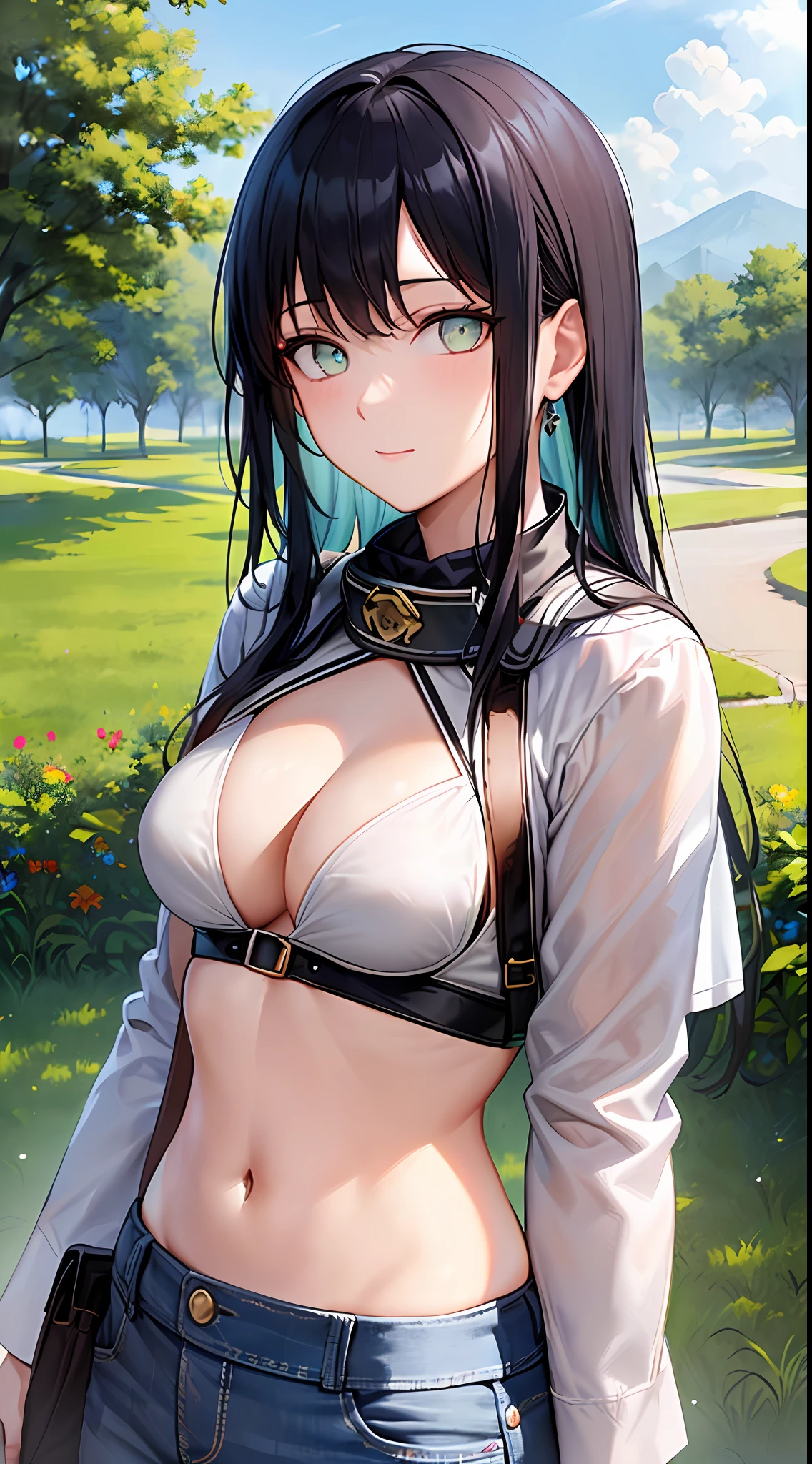 GIRL, (Masterpiece: 1.1), (Best Quality: 1.1), Upper Body Bikini, (White Bikini: 1.1), (Plaid Skirt: 1.1), High Waist Skirt, Blake [Green Grass: Pink, :0.5] Themed, (Urban Background: 1.1), Denim Lenses, Blake Silver, Long, Green Eye, Landscape,