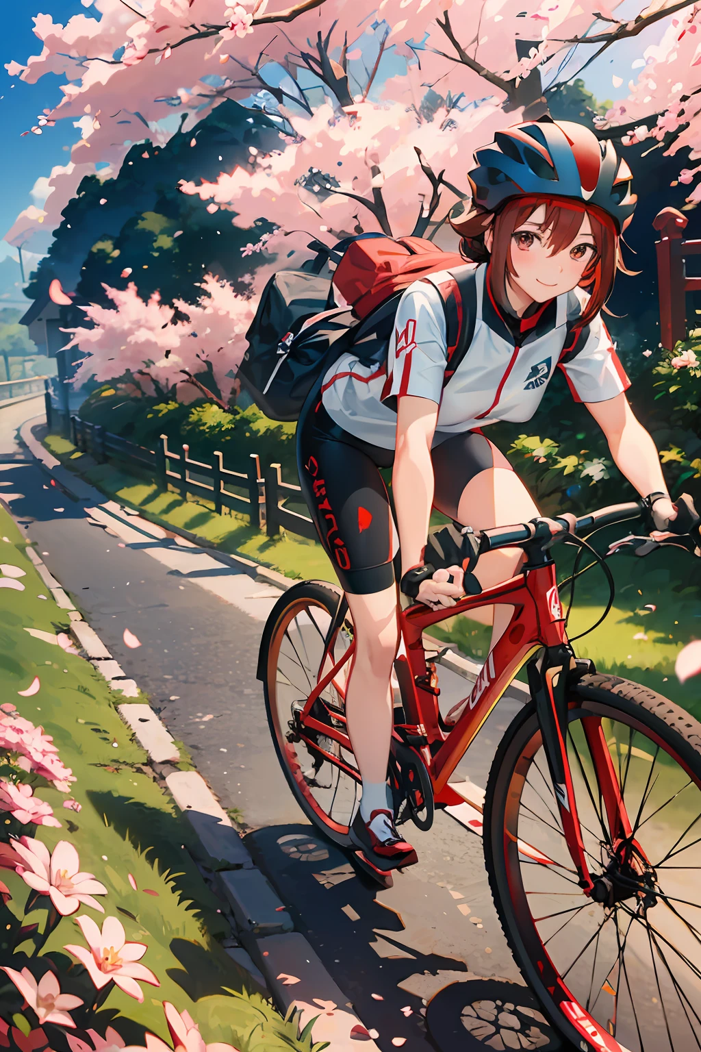 Ride a red bike down the hill,japanese animation,Cinematic,Sunlight,elegant girl ,Cheerful smile,(Black White Red Tight Bicycle Jersey,)Wearing a black-white-red bicycle helmet,big brest,( shiny short reddish-brown hair,)Cherry blossom with falling petals,Detailed hairstyles,Insanely detailed