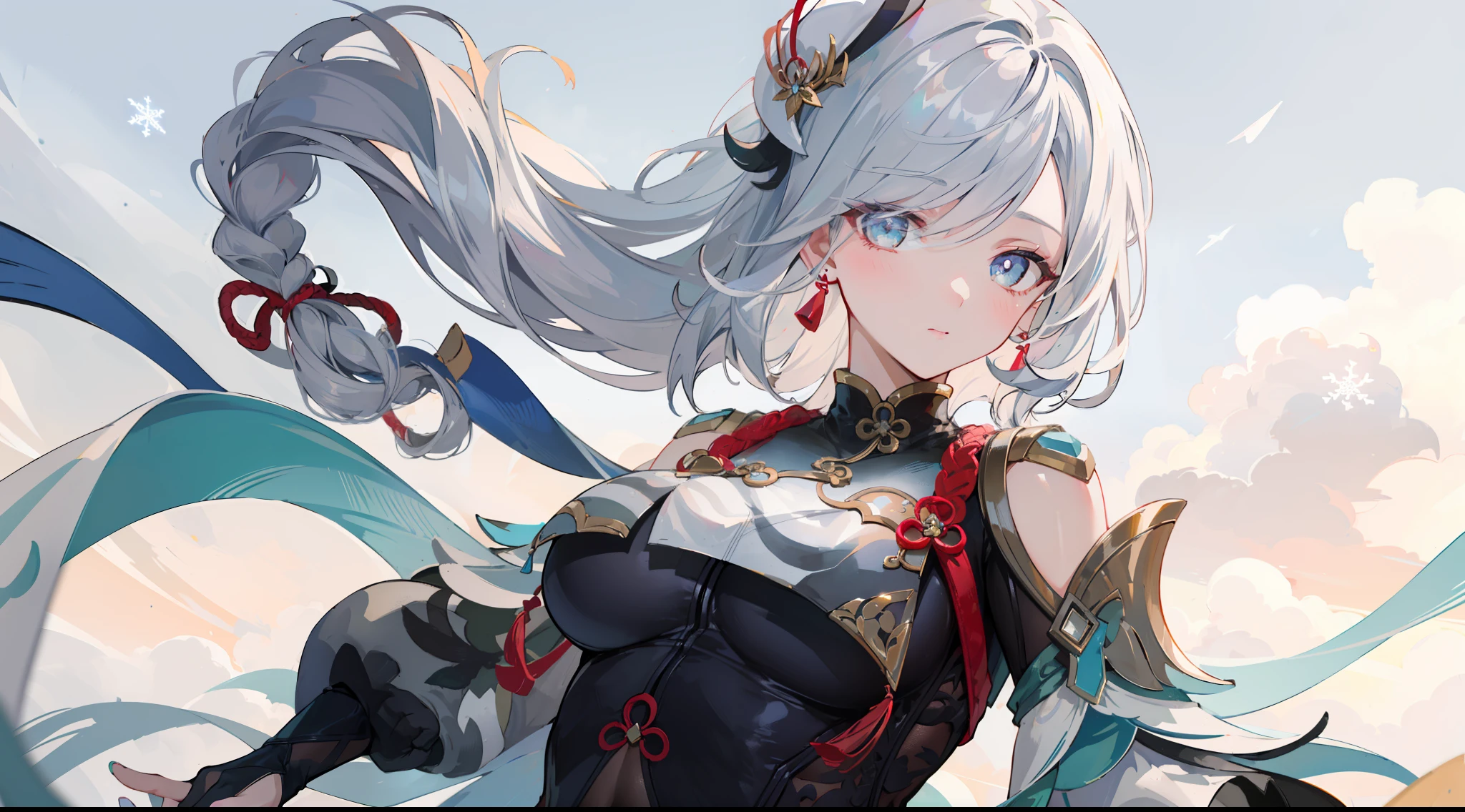 shenhedef, upper body, seductive look, blush, outdoors, snowflake scenery, looking at viewer, cloudy, moody lighting, (perfect detail eyes:1.2), glowing eyes, (long hair one braid:1.2), elemental skill effect, (Masterpiece, Best Quality, High Quality:1.4), professional artwork, Intricate Details, field of view, sharp focus, detailed painting, photorealistic lighting, trending on pixiv, (vivid lighting, vibrant colors:1.05), realistic shadows, ambient occlusion, (athletic body:1.3), mature woman, 30yo,