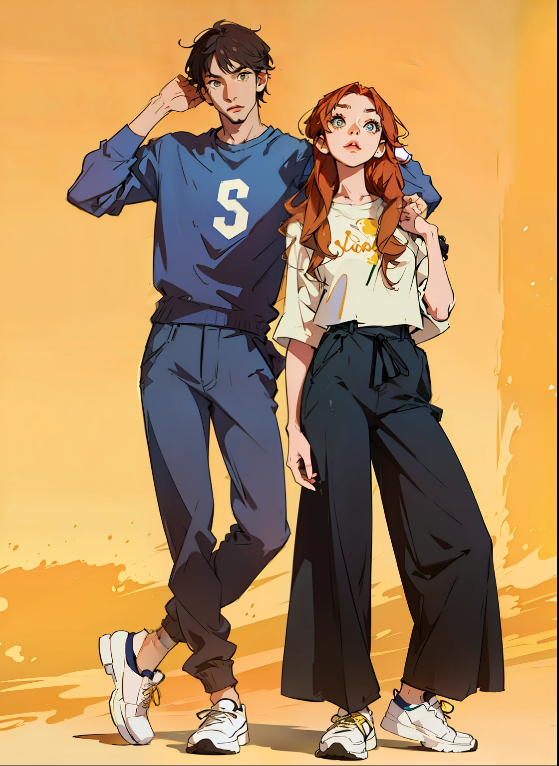 anime, cartoon, cute illustration, a couple of people standing next to each other on a yellow background, casual modern clothing, modern casual clothing, tall and slim, casual clothing style, couple pose, slim and tall, dressed with long fluent clothes, casual clothing, modern clothes, office clothes, tall and slender, modern clothing, wearing pants and a t-shirt, korean women's fashion model, work clothes
