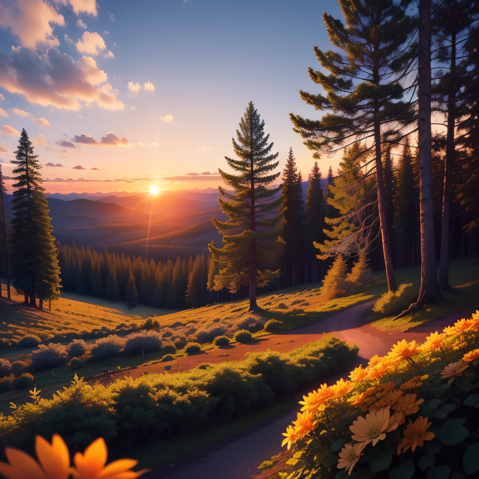 ( sem erros, imagem perfeita, 8k, detalhes perfeitos ) floresta com lindas montanhas, beautiful trees and a beautiful sunset