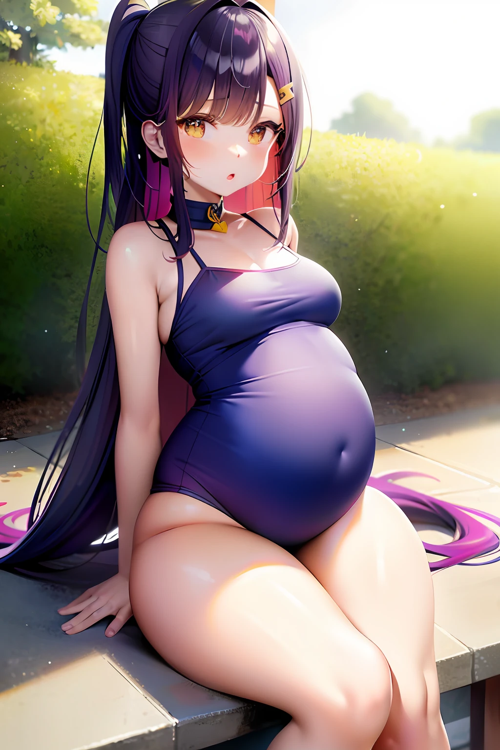 Anime - style image of pregnant woman with purple hair, hyuga hyuga, Pregnant belly, she has a jiggly fat round belly, pregnant, Marin Kitagawa fanart, kotegawa yui, thicc, small curvaceous loli,, the breasts are large, Smooth anime CG art