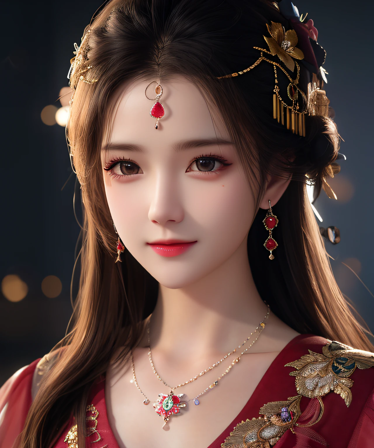 Best quality, masterpiece, high resolution, 1girl, porcelain dress, hair accessories, necklace, jewelry, beautiful face, on the body, Tyndall effect, realistic, dark studio, edge lighting, two-tone lighting, (high detail skin: 1.2), 8k UHD, dslr, soft light, high quality, volumetric light, candid, photo, high resolution, 4k, 8k, background blur,