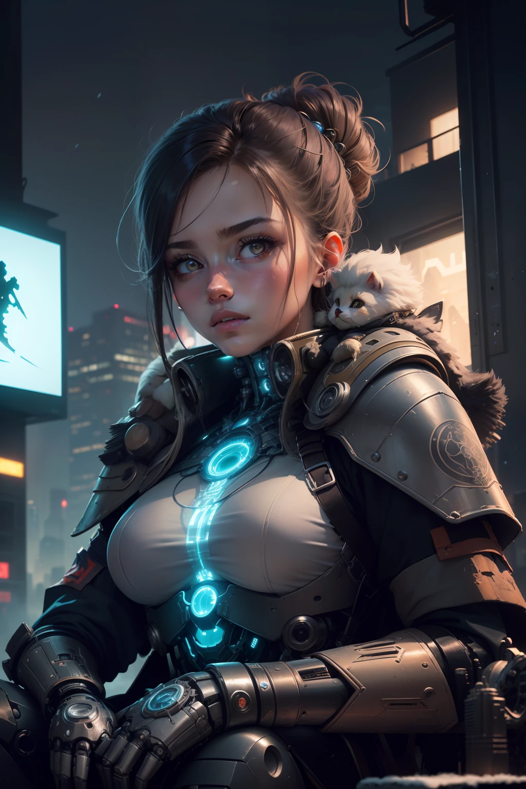 (muted colors:1.4), in the cyberpunk city, future style (module), (An 18 year old girl sitting on the shoulders of a giant mechanical construct:1.5), apocalypse, freezing, abandoned, neutral colors, night, screen space refractions, (intricate details), (intricate details, hyperdetailed:1.2), artstation, cinematic shot, vignette, complex background, buildings, snowy